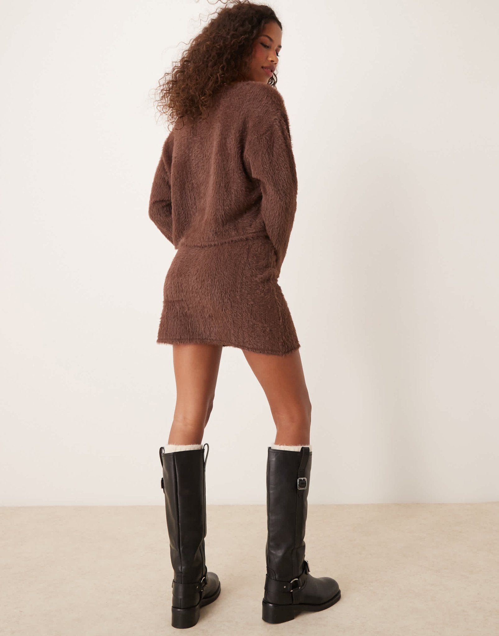 Miss Selfridge button detail brushed knit mini skirt co ord in chocolate - ASOS Sample Sale