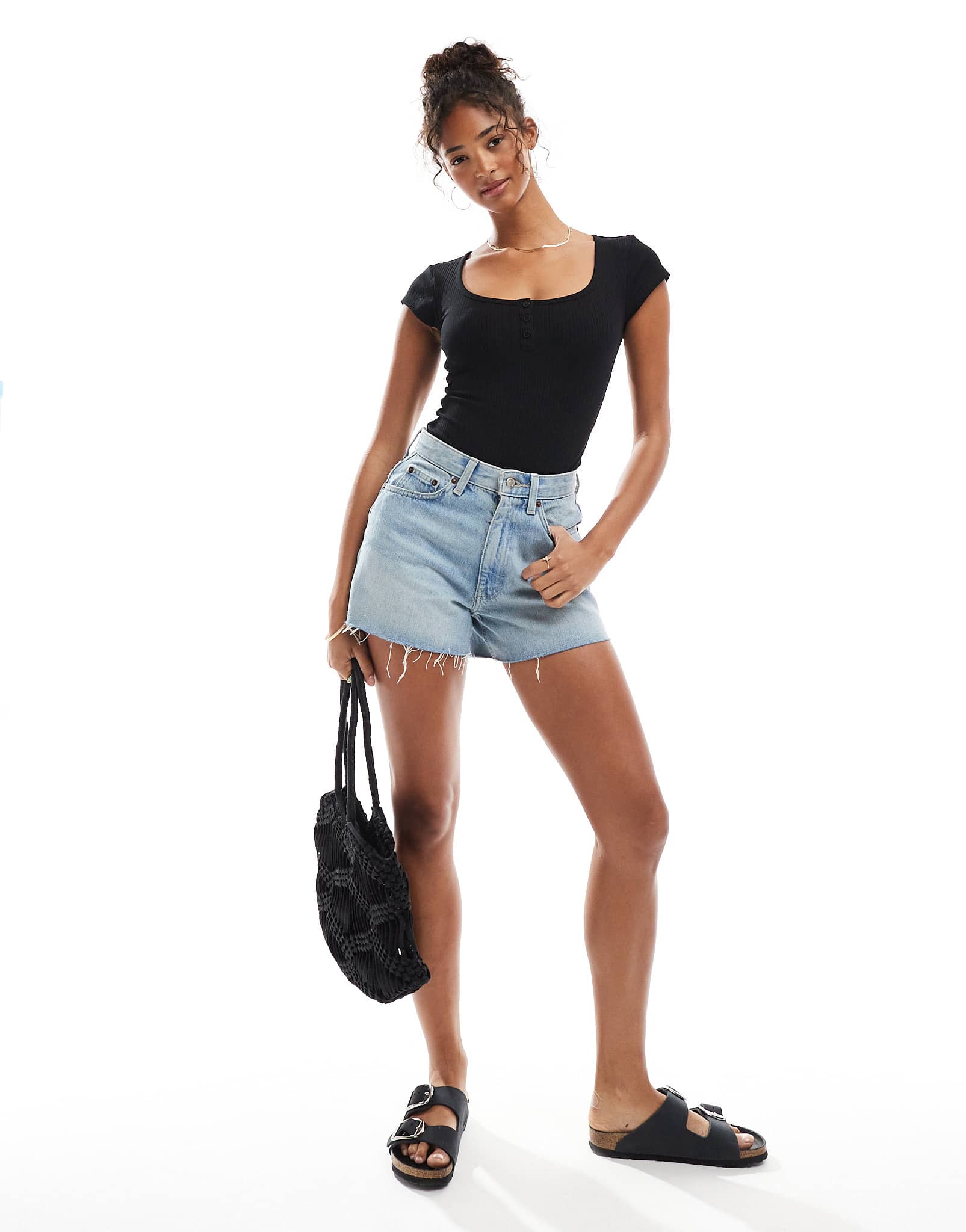 Miss Selfridge button detail short sleeve rib bodysuit in black - ASOS Sample Sale