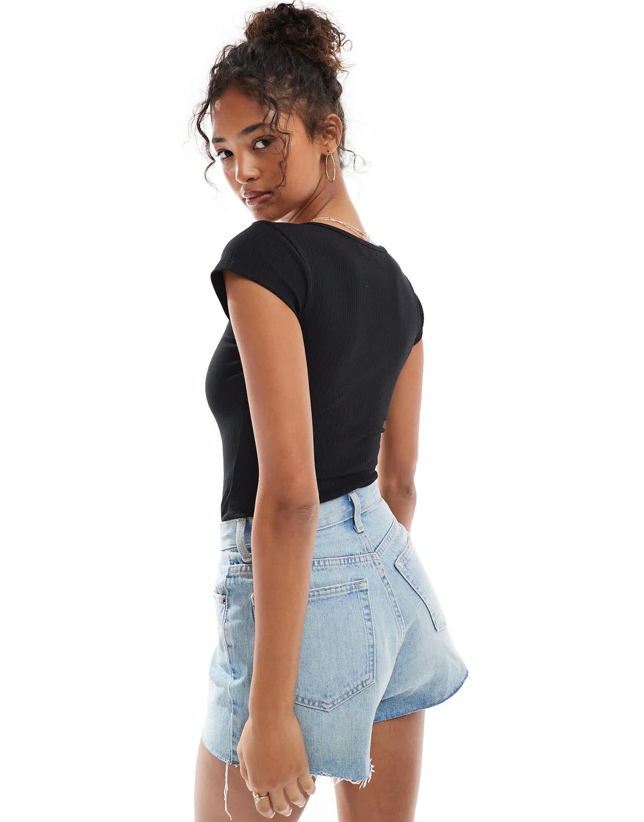 Miss Selfridge button detail short sleeve rib bodysuit in black - ASOS Sample Sale