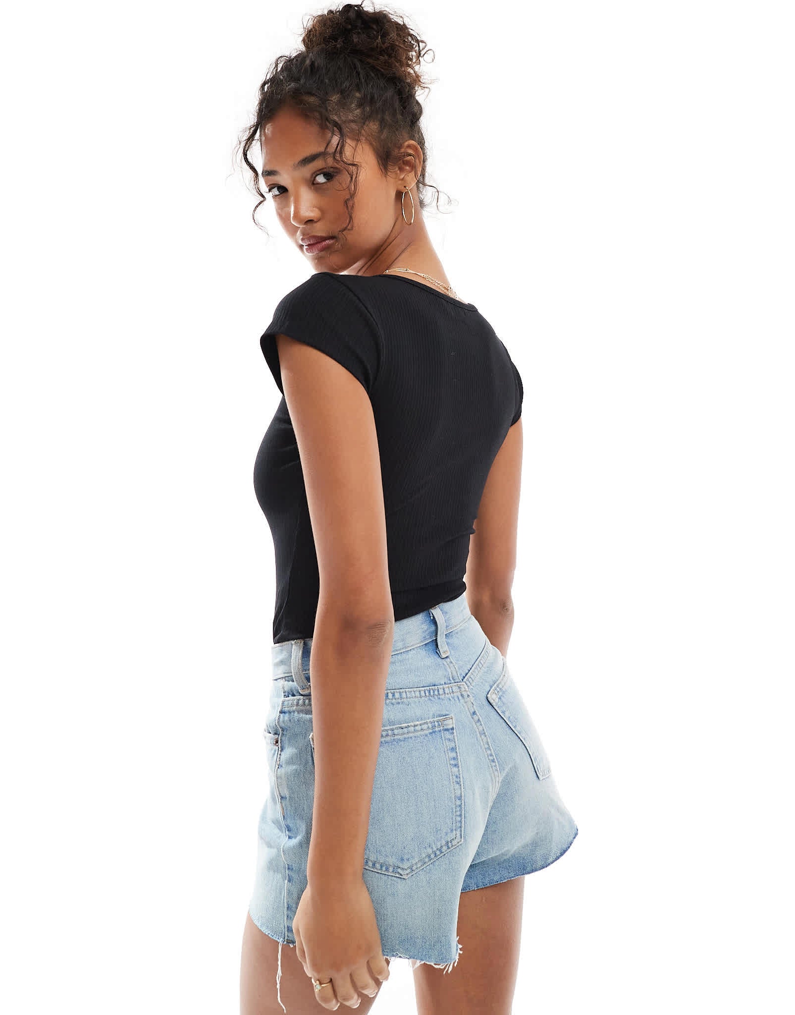 Miss Selfridge button detail short sleeve rib bodysuit in black - ASOS Sample Sale