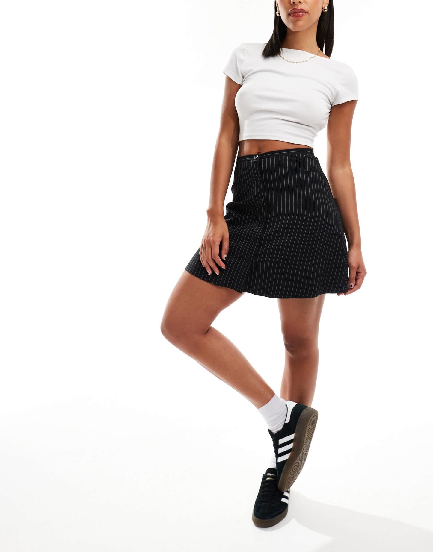 Miss Selfridge button through flippy mini skirt in mono pinstripe - ASOS Sample Sale