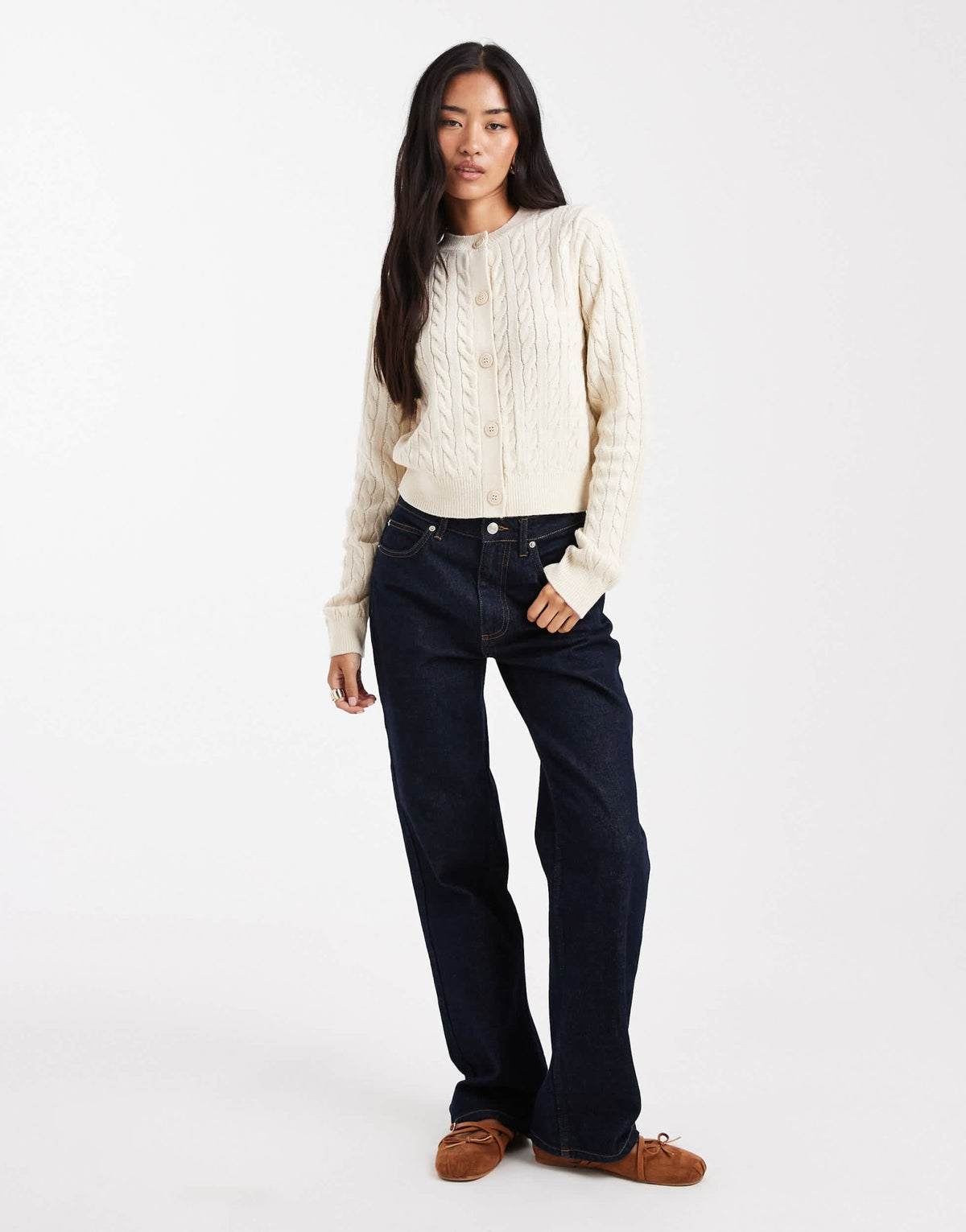 Miss Selfridge cable knit crew neck cardigan in cream - ASOS Sample Sale