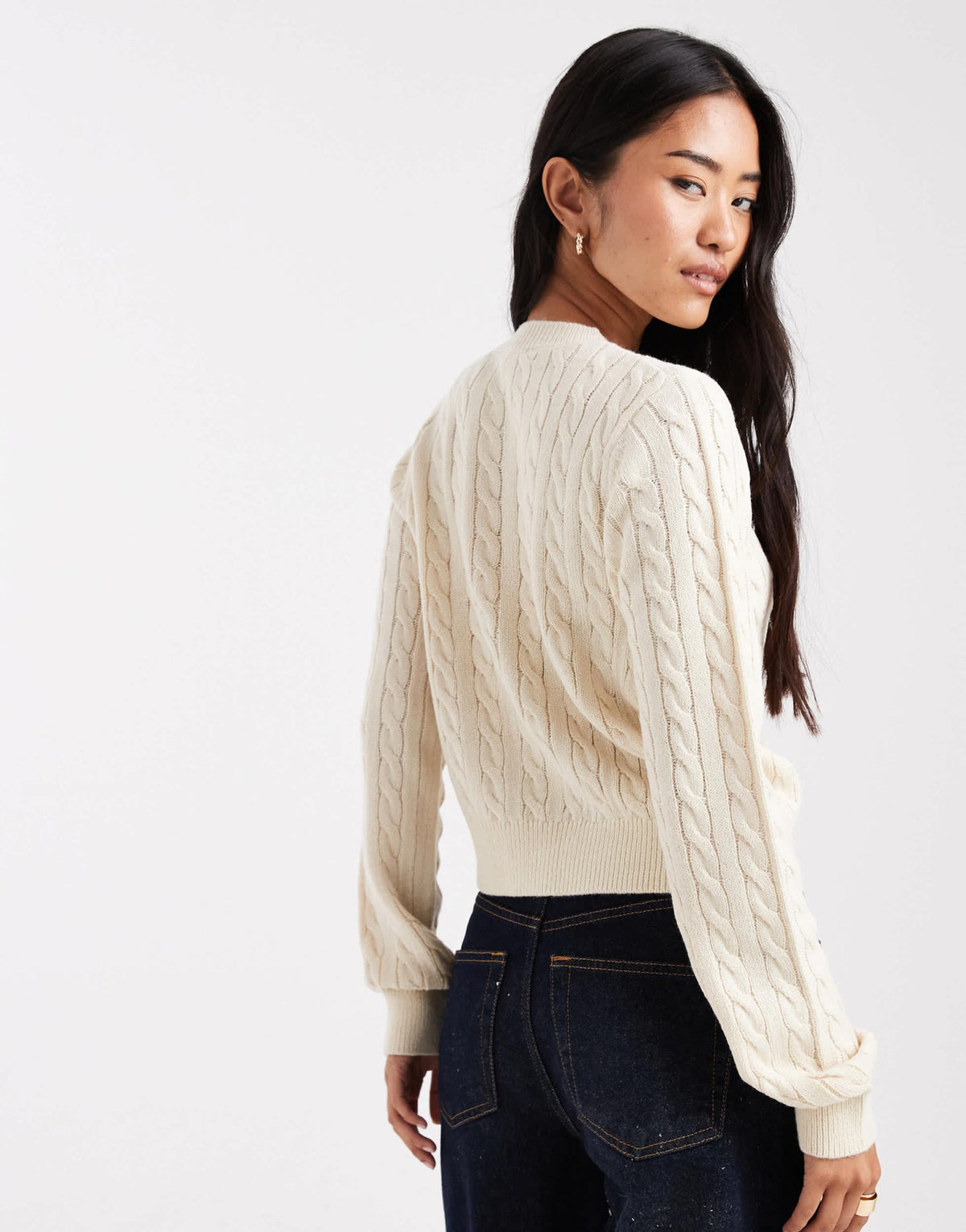 Miss Selfridge cable knit crew neck cardigan in cream - ASOS Sample Sale