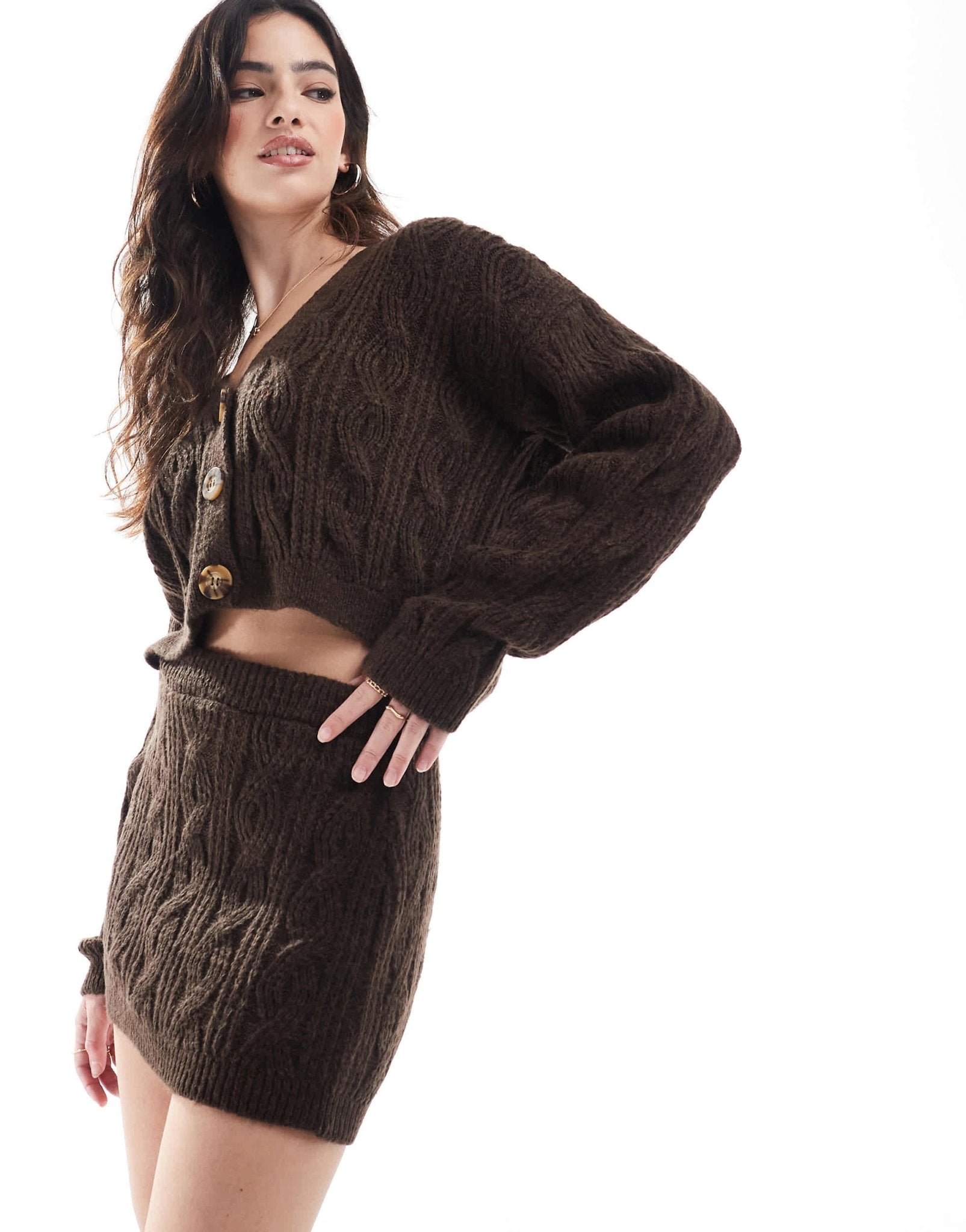 Miss Selfridge cable knit mini skirt co ord in chocolate - ASOS Sample Sale