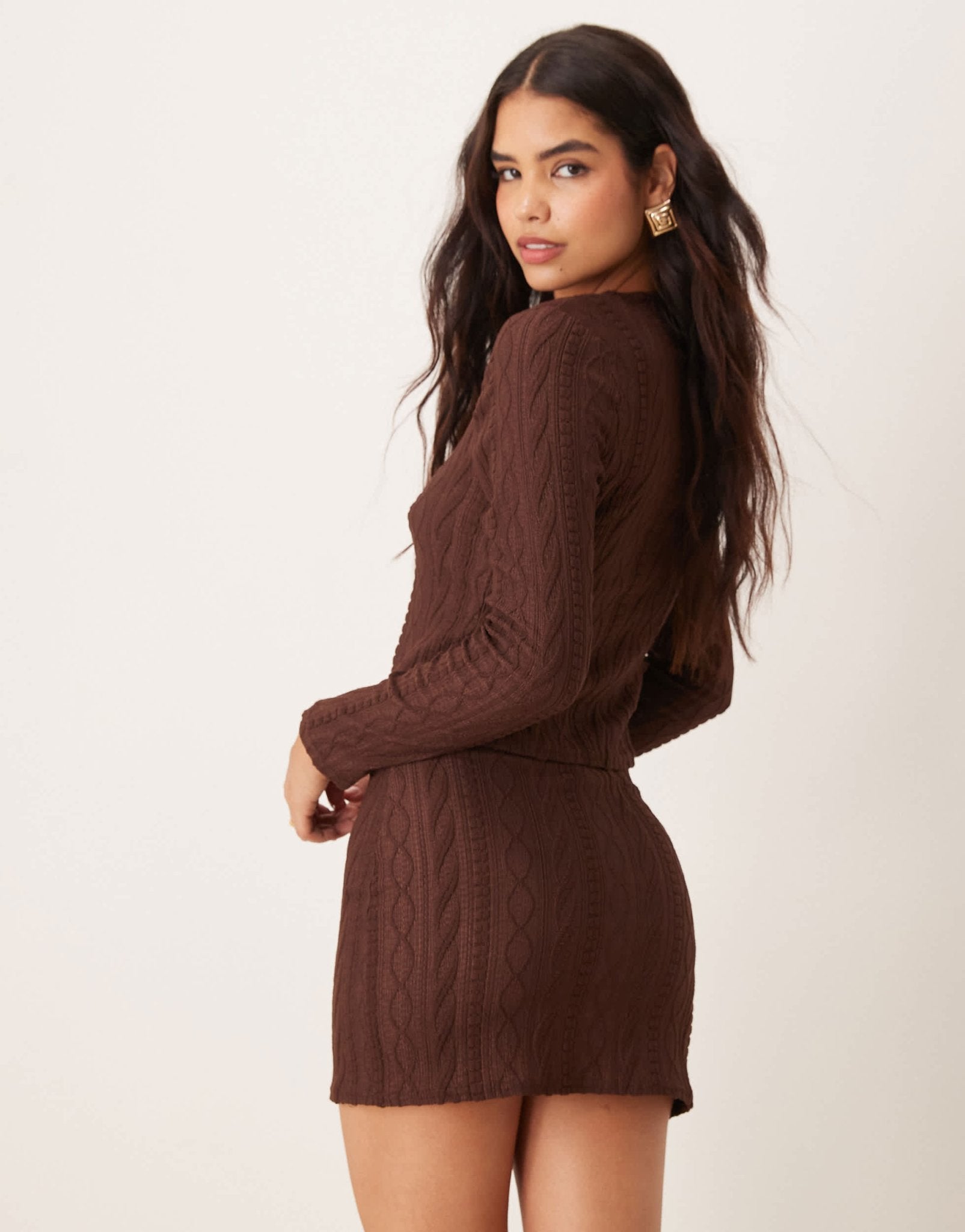 Miss Selfridge cable knit mini skirt co ord in chocolate - ASOS Sample Sale