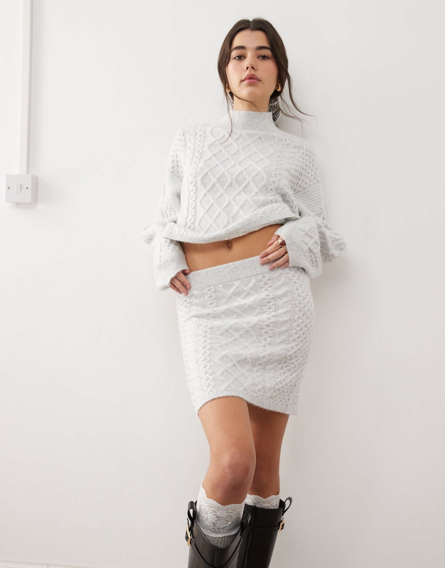 Miss Selfridge cable knit mini skirt co - ord in grey marl - ASOS Sample Sale