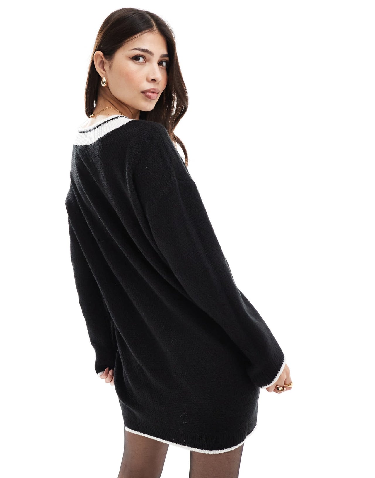 Miss Selfridge cable V neck varsity mini dress in black - ASOS Sample Sale