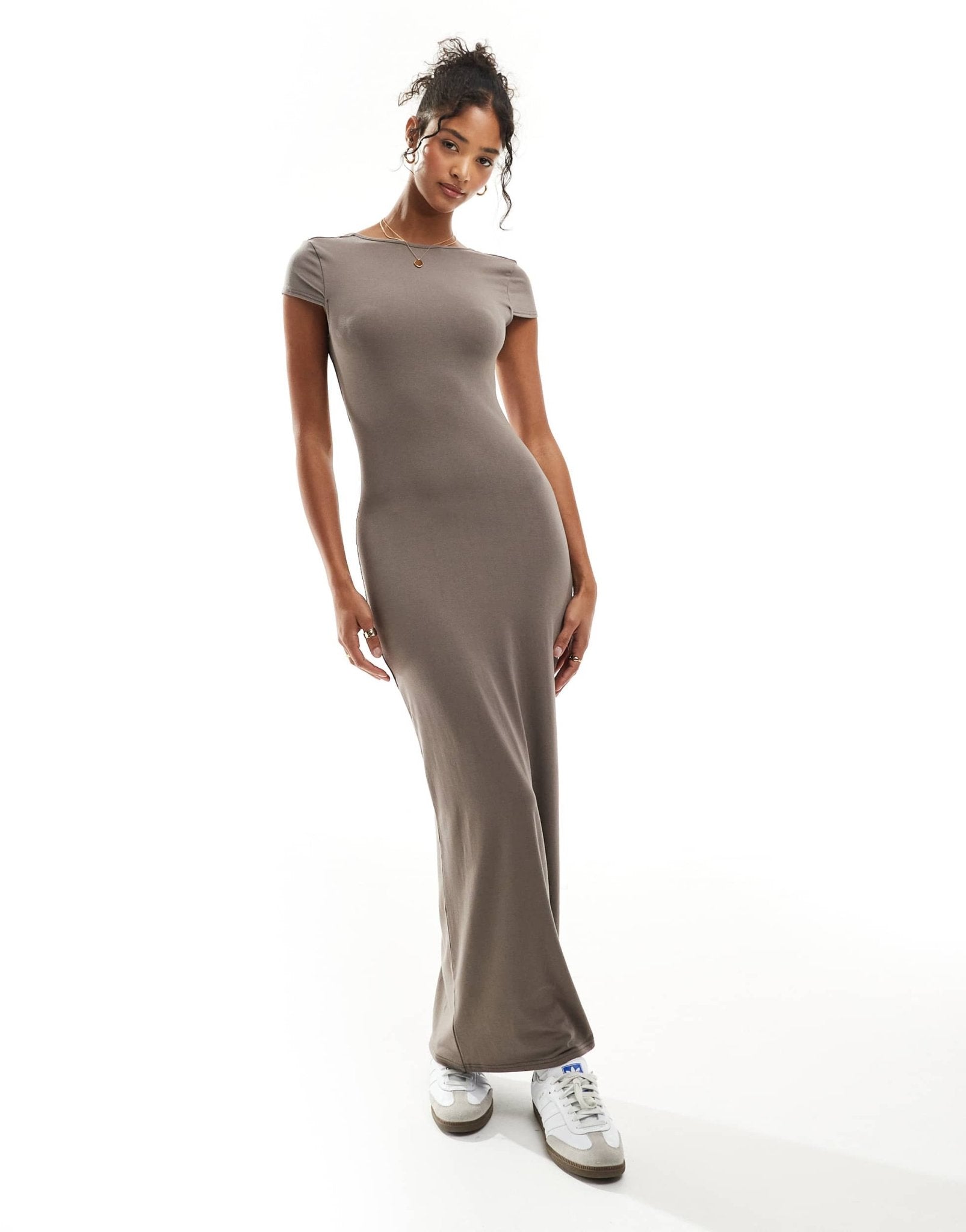 Miss Selfridge cap sleeve backless maxi dress in neutral - ASOS Sample Sale