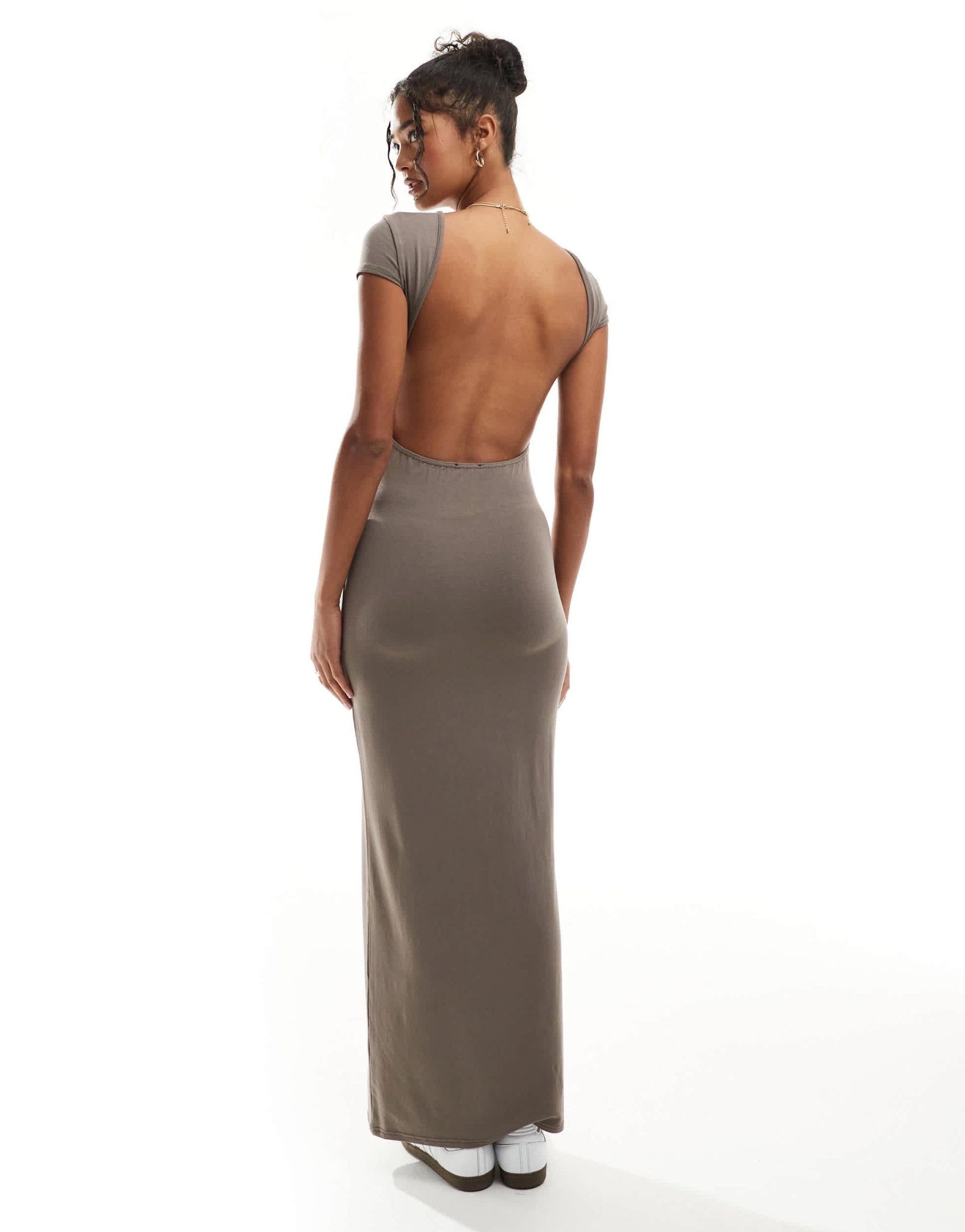 Miss Selfridge cap sleeve backless maxi dress in neutral - ASOS Sample Sale