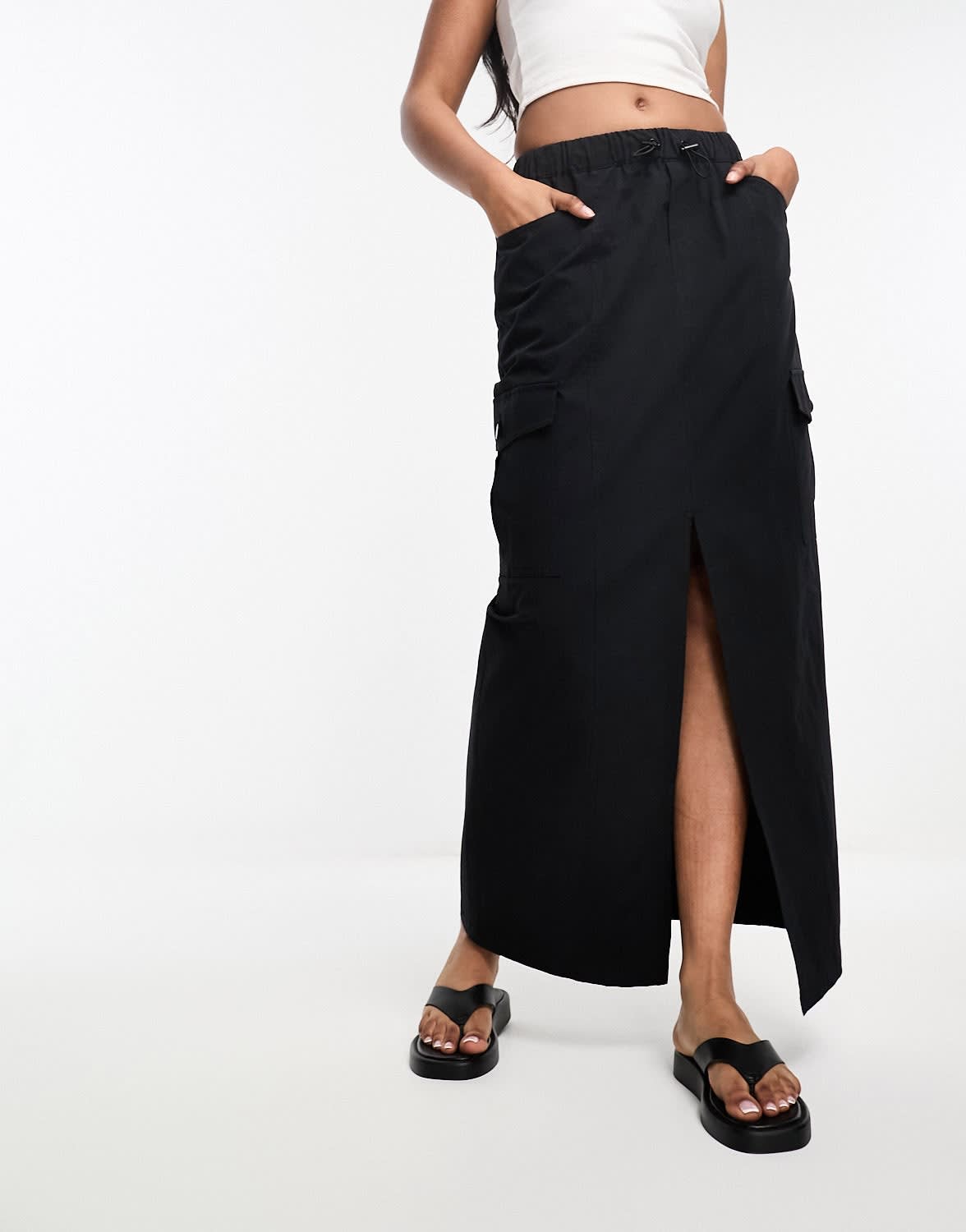 Miss Selfridge cargo pocket maxi skirt in black - ASOS Sample Sale