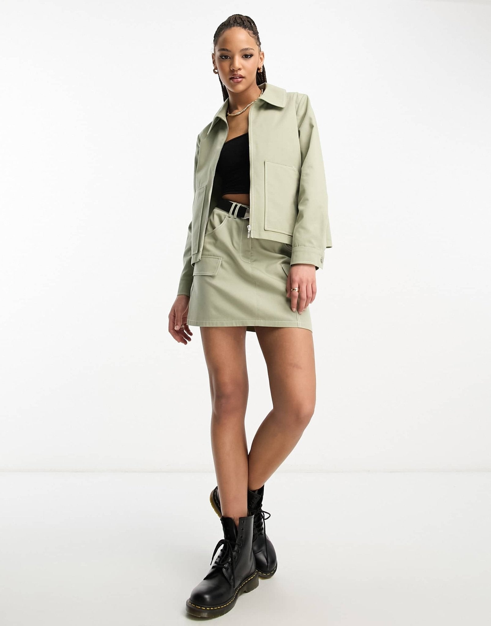 Miss Selfridge cargo utility pleated mini skirt contrast stiching and buckle belt co - ord in khaki - ASOS Sample Sale
