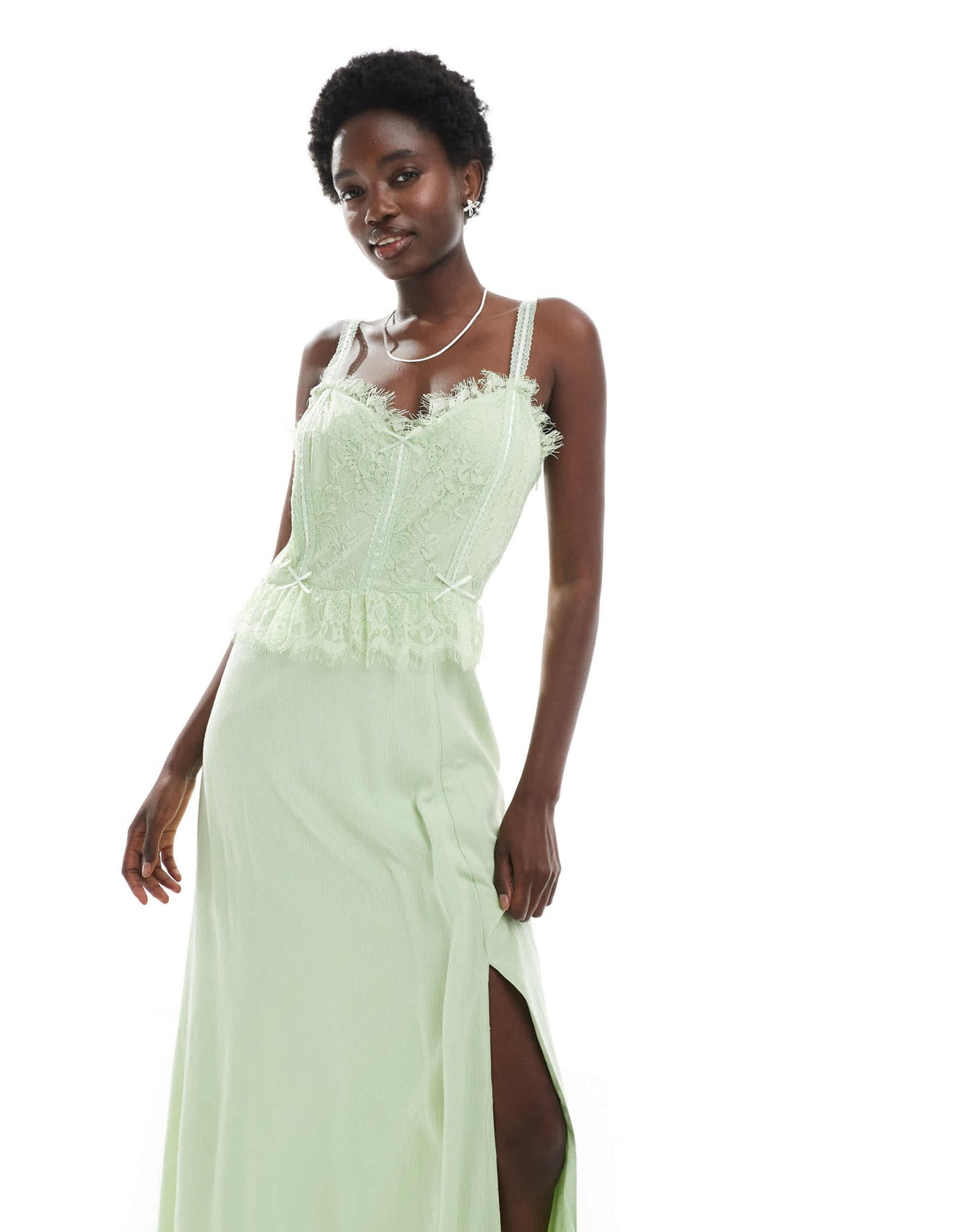 Miss Selfridge cheesecloth maxi corset dress with ribbon trims in green - ASOS Sample Sale