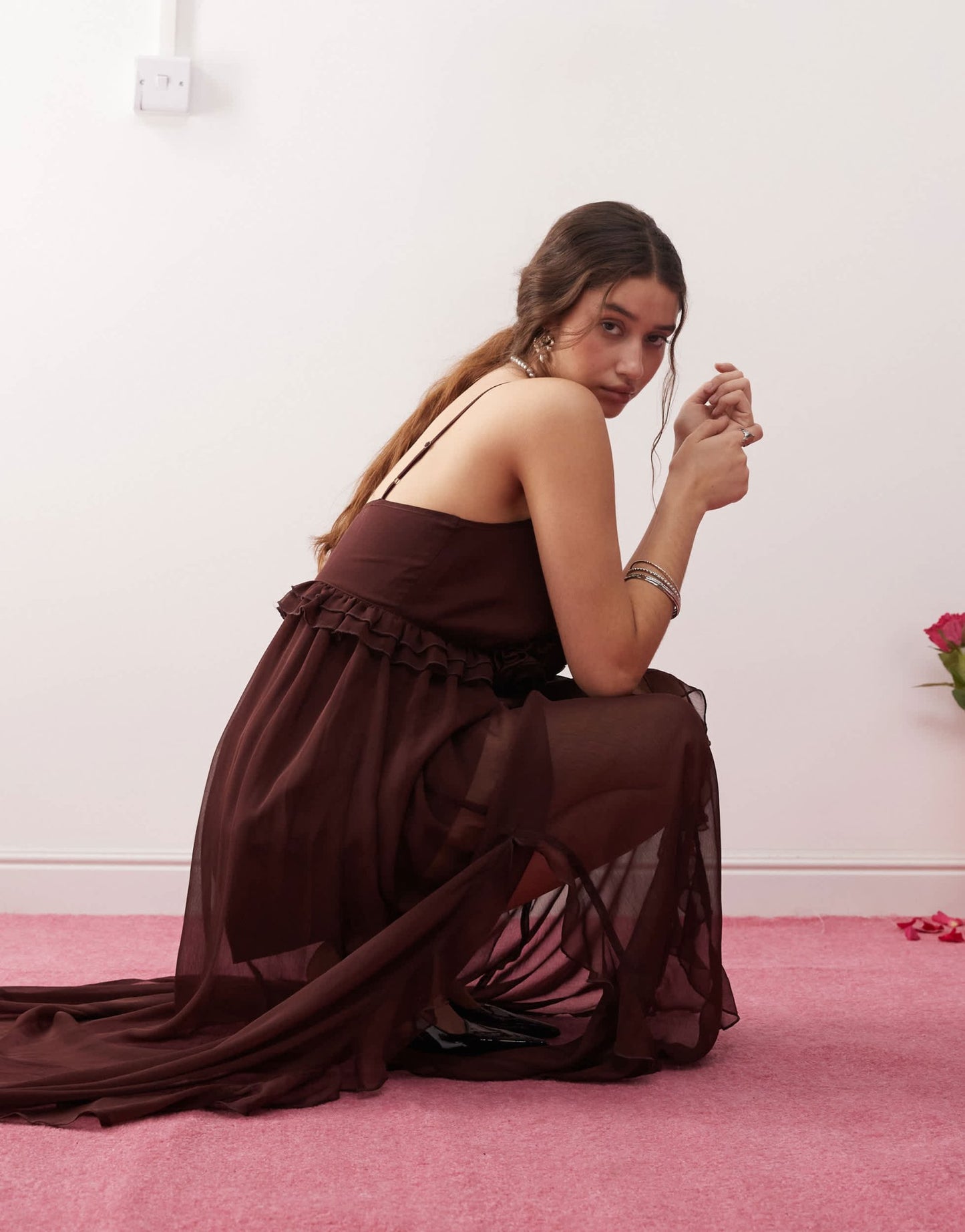 Miss Selfridge chiffon corsage detail cami maxi dress in brown - ASOS Sample Sale
