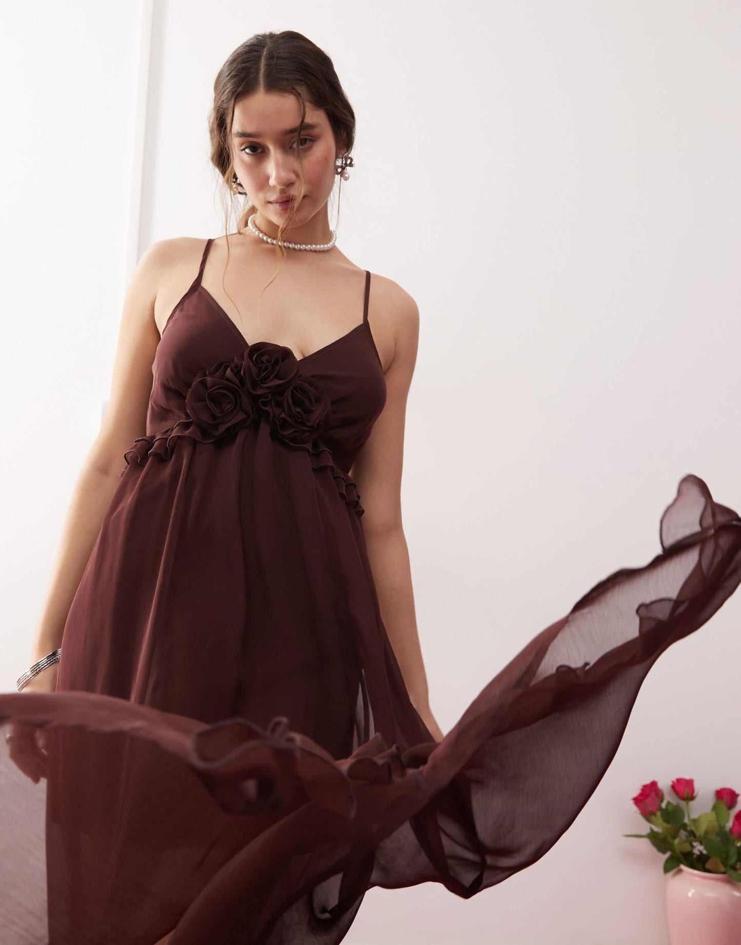 Miss Selfridge chiffon corsage detail cami maxi dress in brown - ASOS Sample Sale