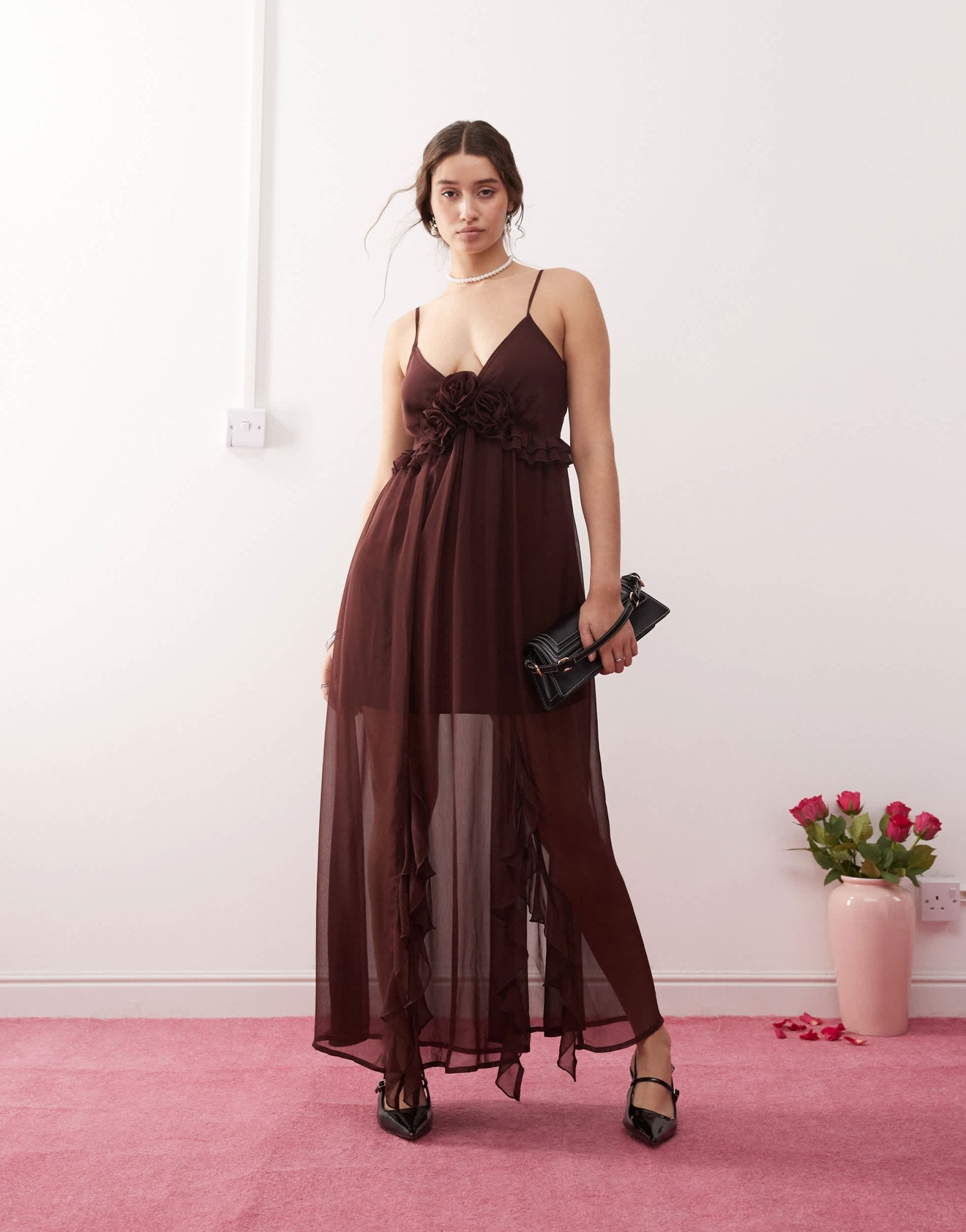 Miss Selfridge chiffon corsage detail cami maxi dress in brown – ASOS Sample Sale