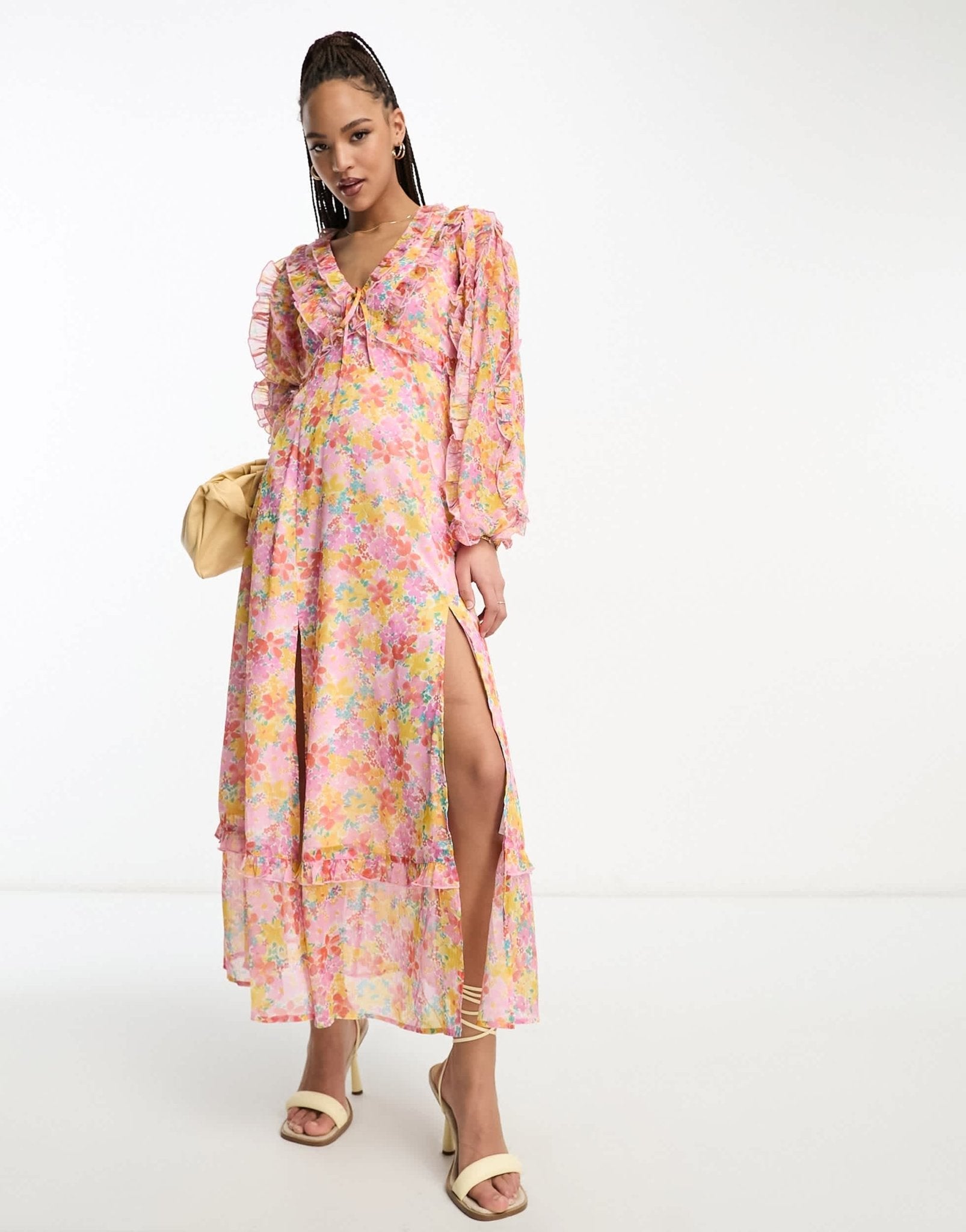 Miss Selfridge chiffon frill detail maxi dress in bright ditsy floral - ASOS Sample Sale