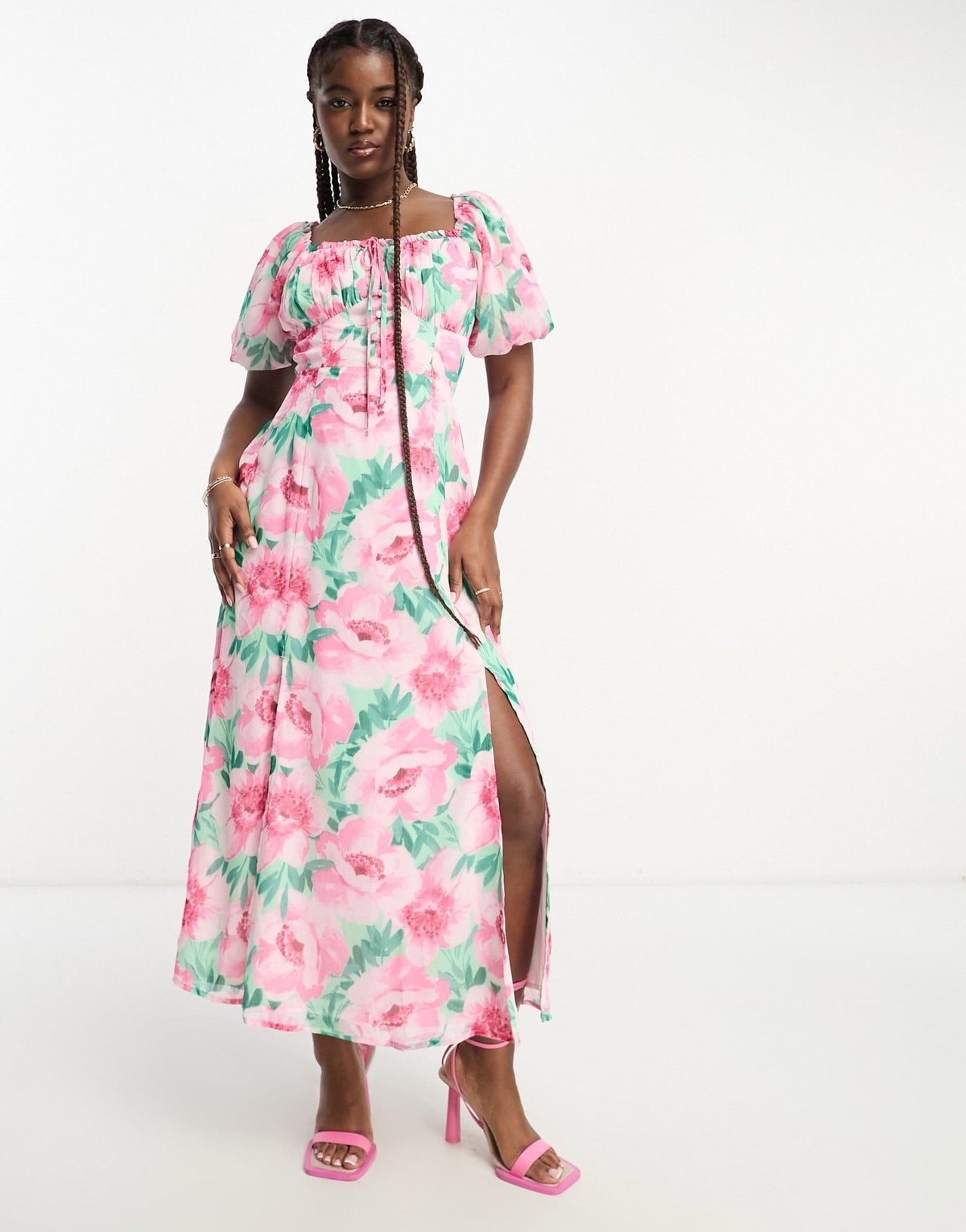 Miss Selfridge chiffon puff sleeve maxi dress with back detail in pink floral - ASOS Sample Sale