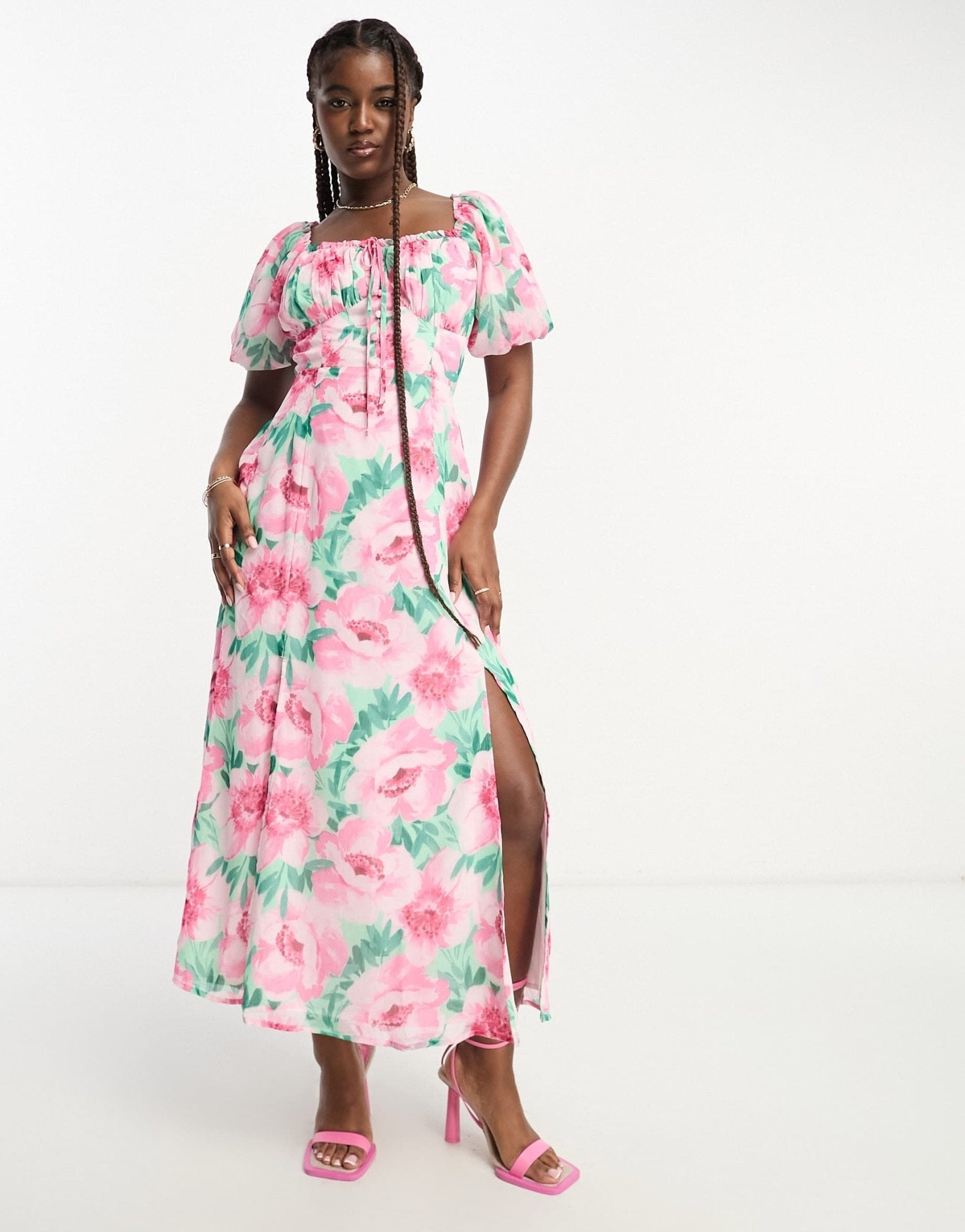 Miss Selfridge chiffon puff sleeve maxi dress with back detail in pink floral - ASOS Sample Sale