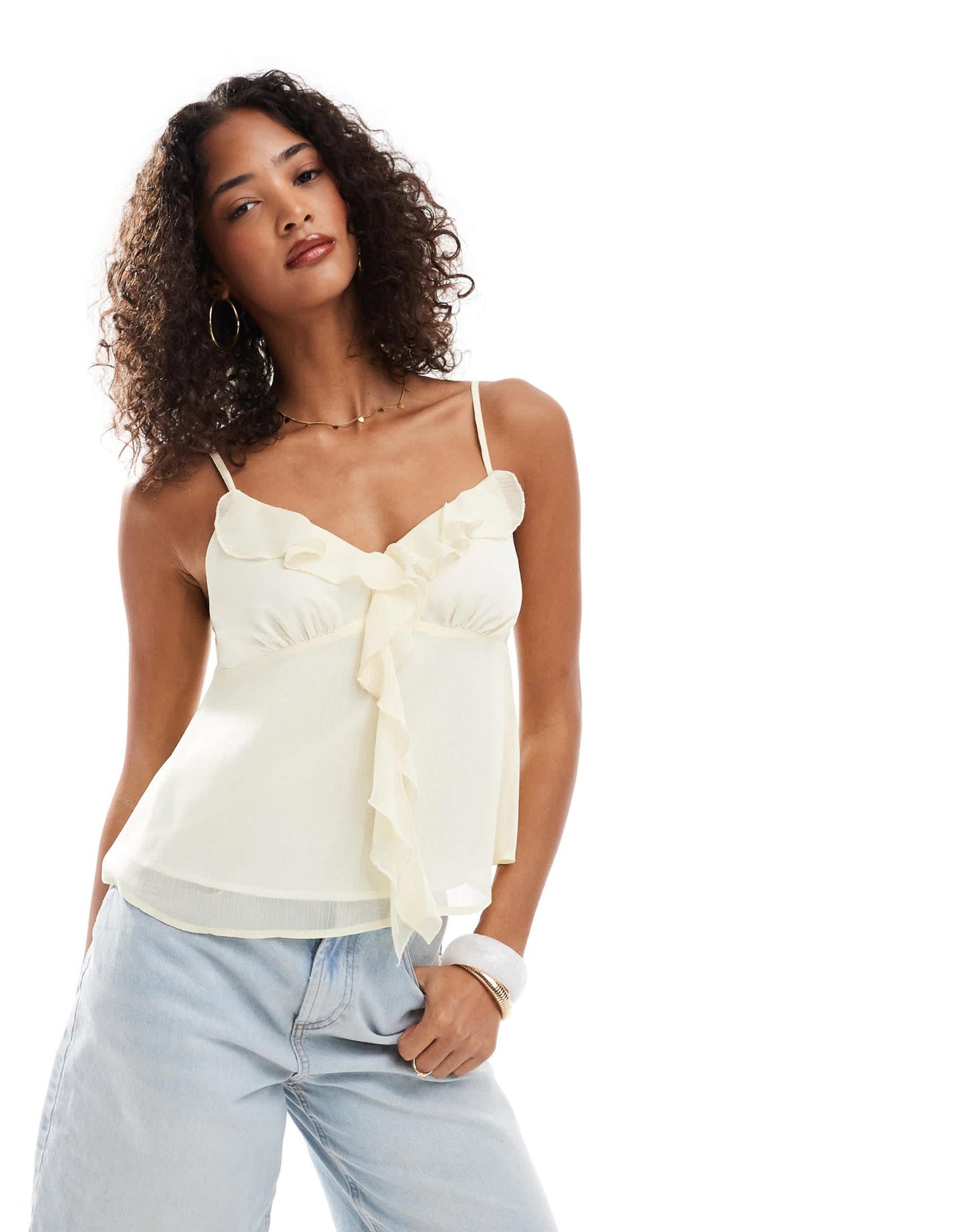 Miss Selfridge chiffon ruffle cami top in buttermilk - ASOS Sample Sale