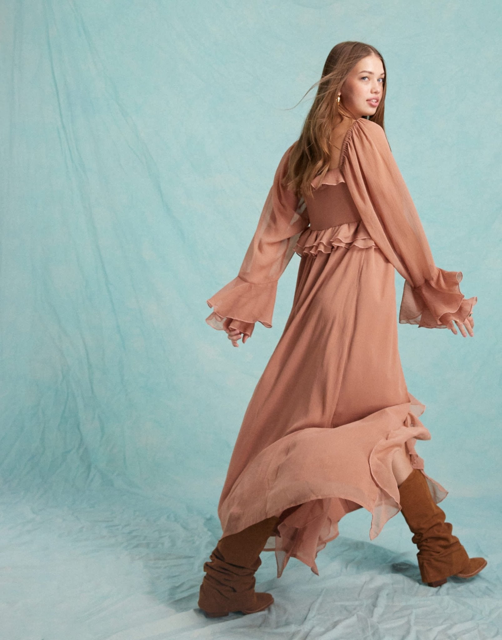 Miss Selfridge chiffon ruffle maxi dress in chocolate - ASOS Sample Sale