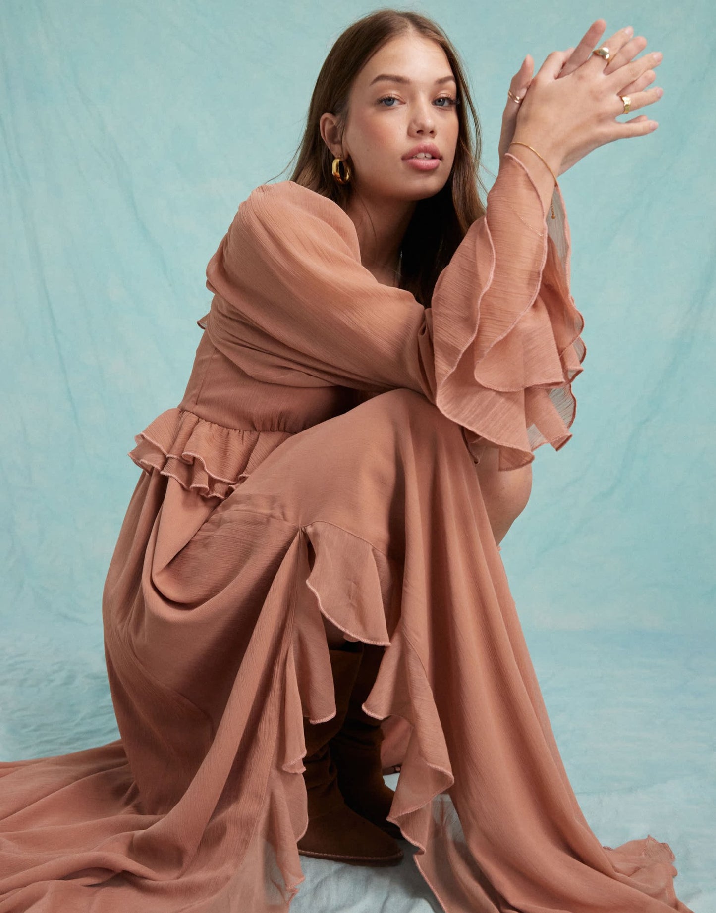 Miss Selfridge chiffon ruffle maxi dress in chocolate - ASOS Sample Sale