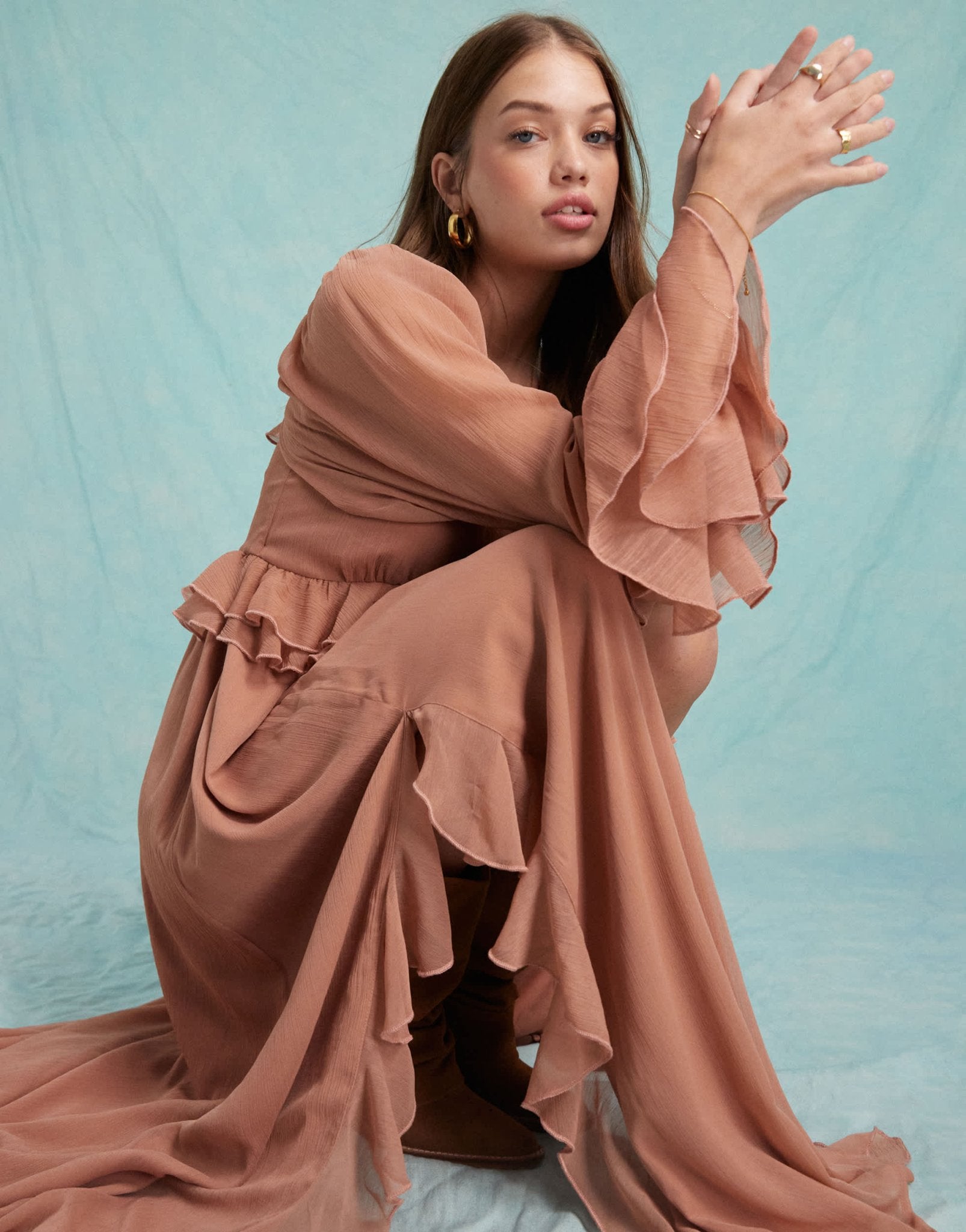 Miss Selfridge chiffon ruffle maxi dress in chocolate - ASOS Sample Sale