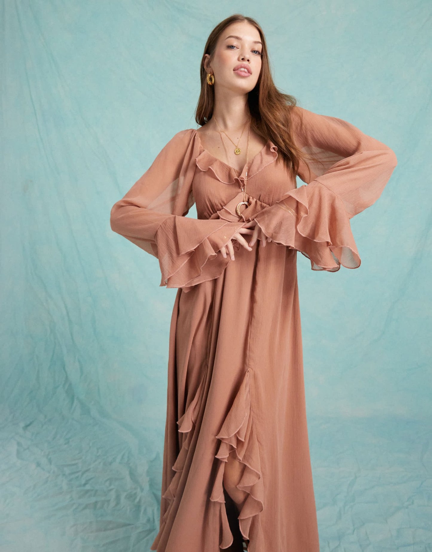 Miss Selfridge chiffon ruffle maxi dress in chocolate - ASOS Sample Sale