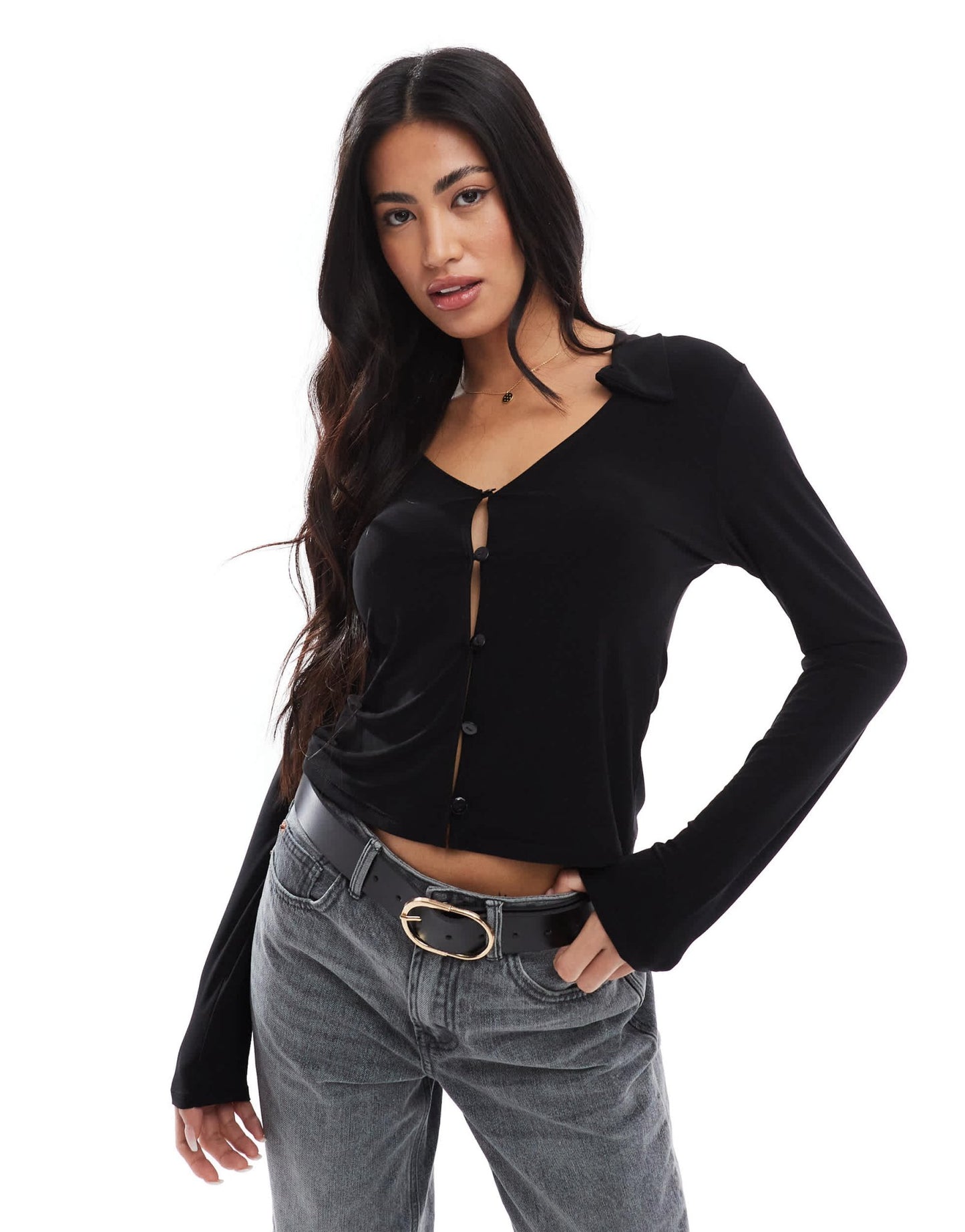 Miss Selfridge collared long sleeve jersey top in black - ASOS Sample Sale