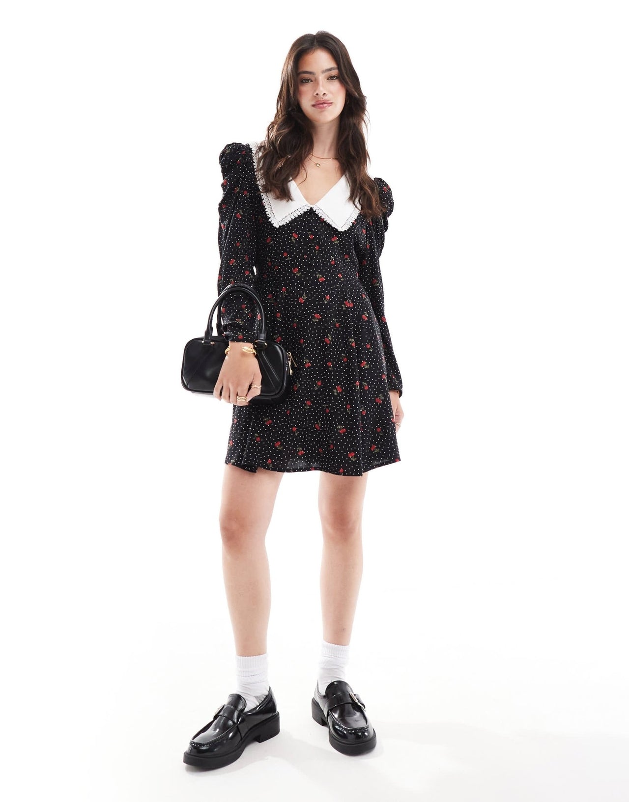 Miss Selfridge collared mini tea dress in cherry spot print - ASOS Sample Sale