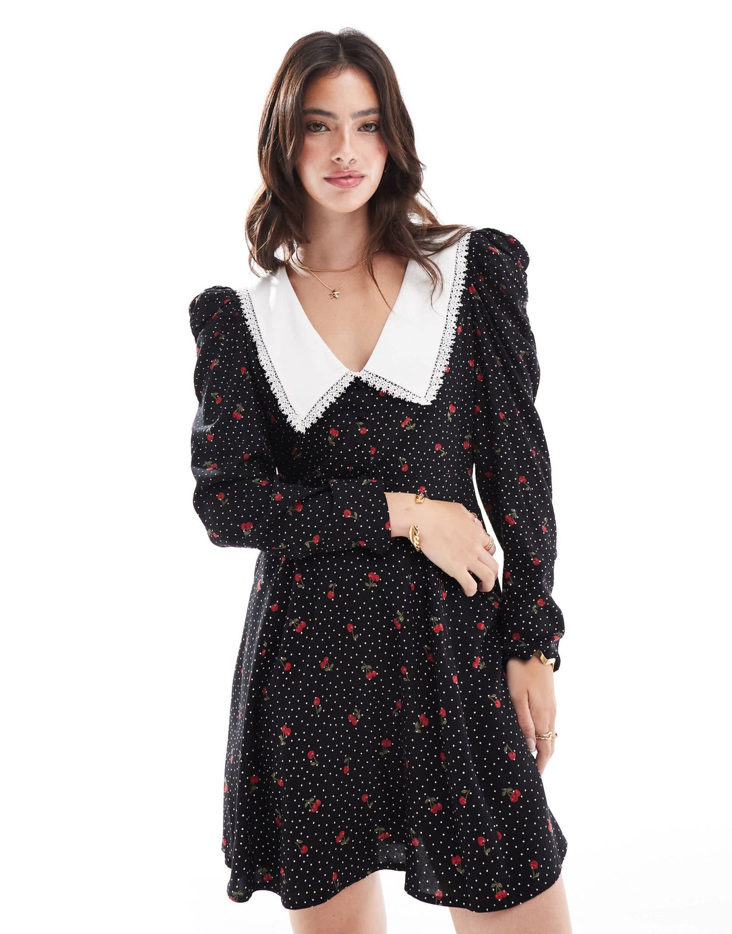 Miss Selfridge collared mini tea dress in cherry spot print - ASOS Sample Sale