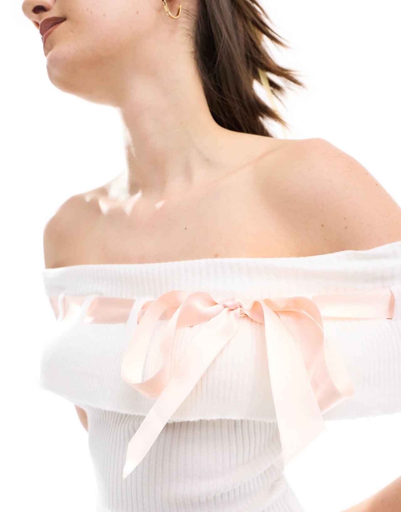 Miss Selfridge contrast satin bow knit foldover bardot mini dress in cream - ASOS Sample Sale