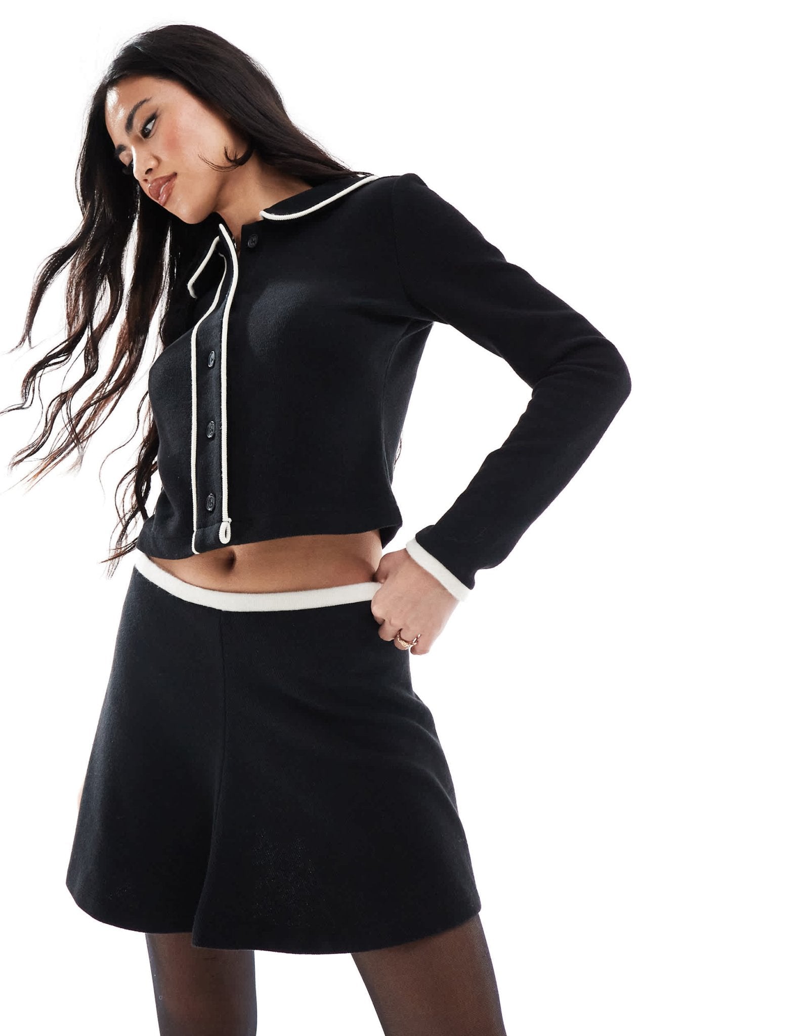 Miss Selfridge contrast trim soft touch rib flare mini skirt - ASOS Sample Sale