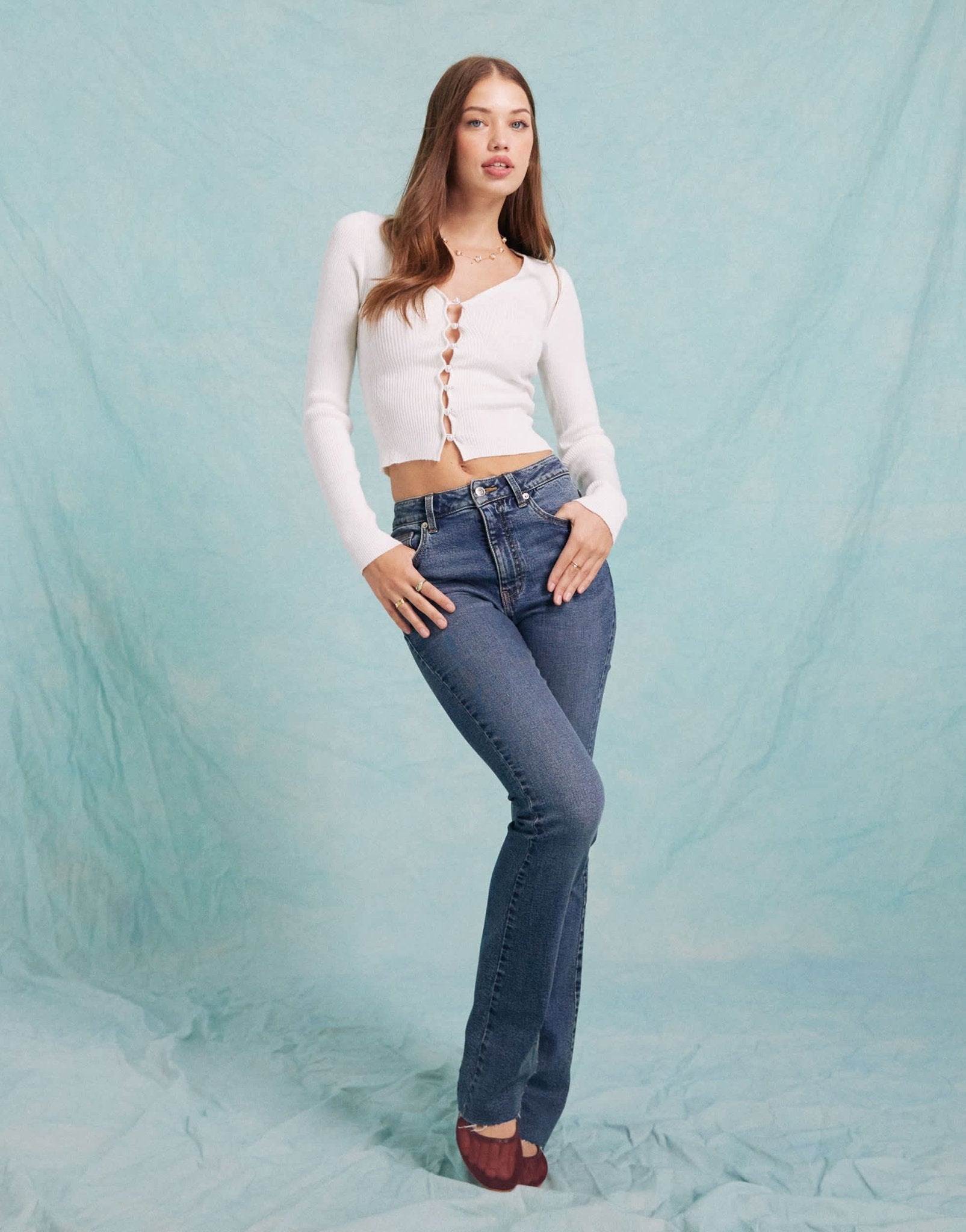 Miss Selfridge cosy knit rib V neck faux pearl button detail long sleeve top in cream - ASOS Sample Sale