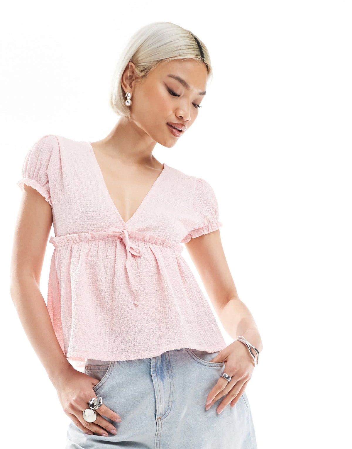 Miss Selfridge crinkle textured jersey baby doll top in pink - ASOS Sample Sale