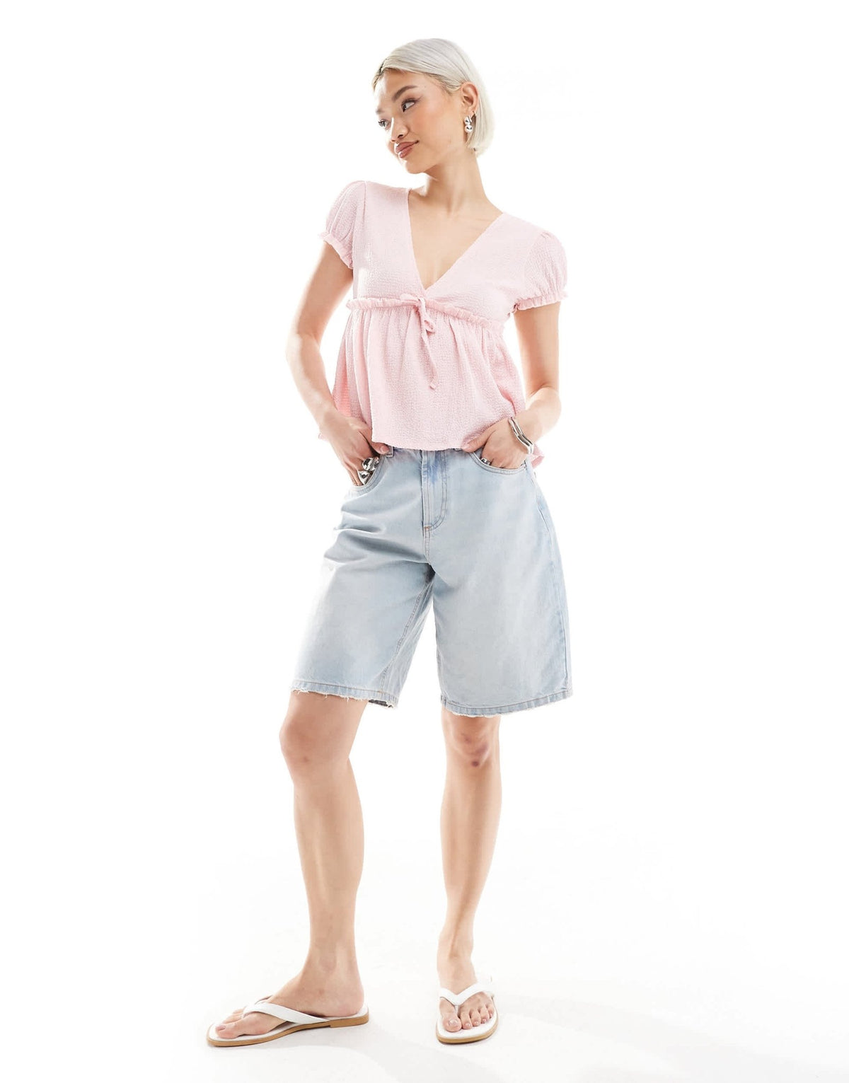 Miss Selfridge crinkle textured jersey baby doll top in pink - ASOS Sample Sale