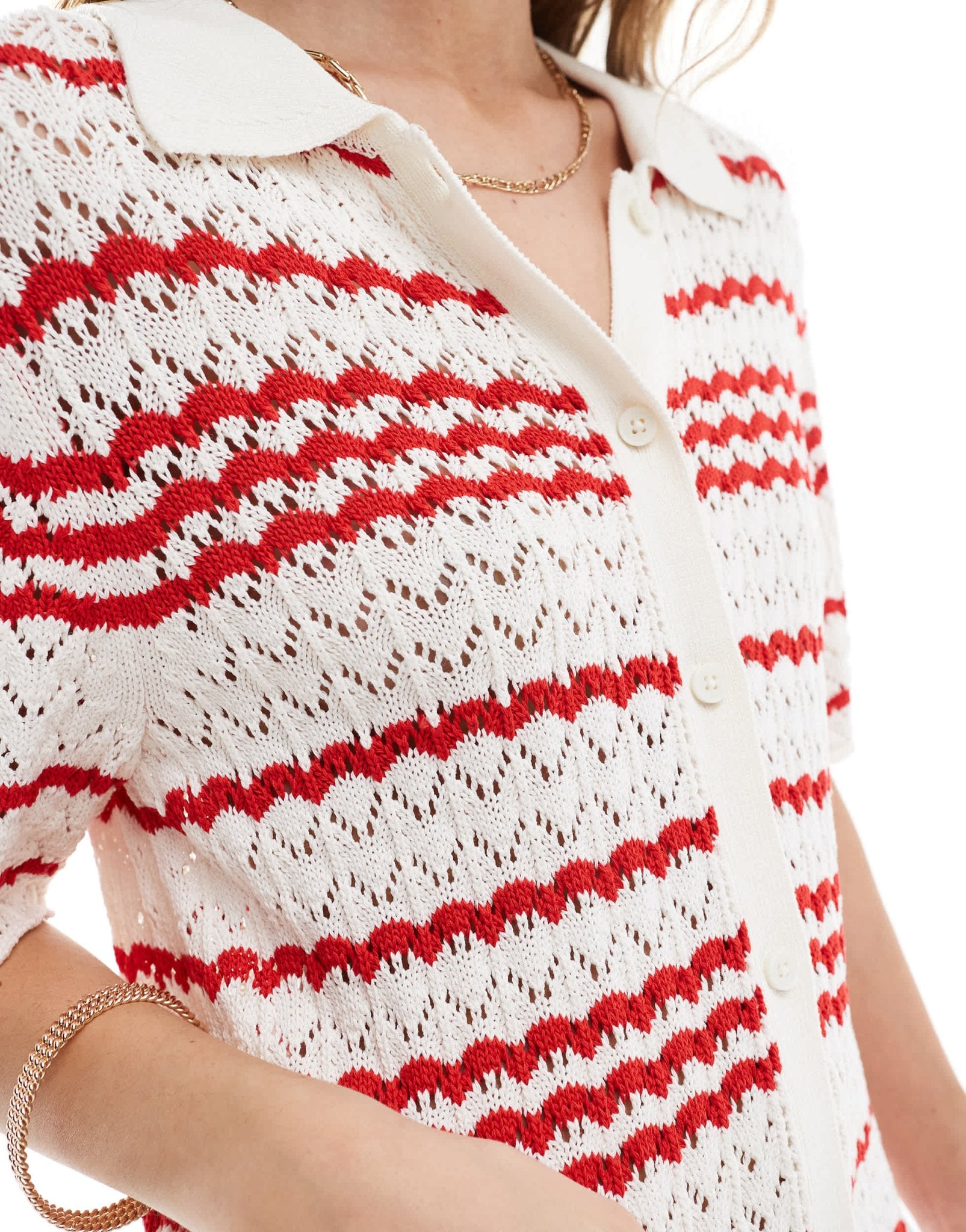 Miss Selfridge crochet contrast polo button through knit dress in red stripe - ASOS Sample Sale