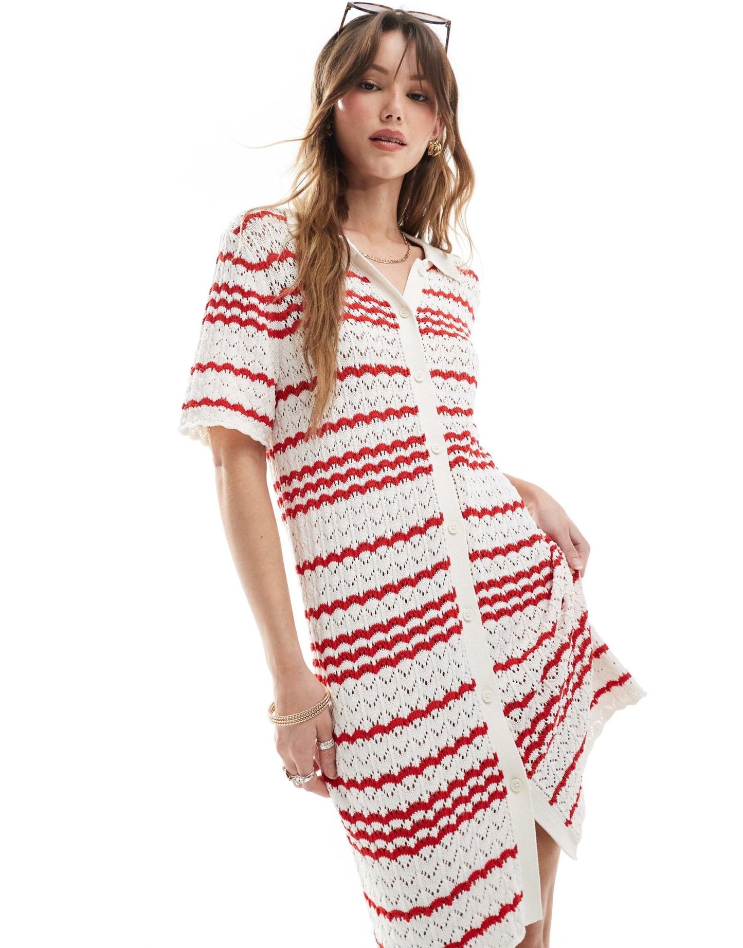 Miss Selfridge crochet contrast polo button through knit dress in red stripe - ASOS Sample Sale
