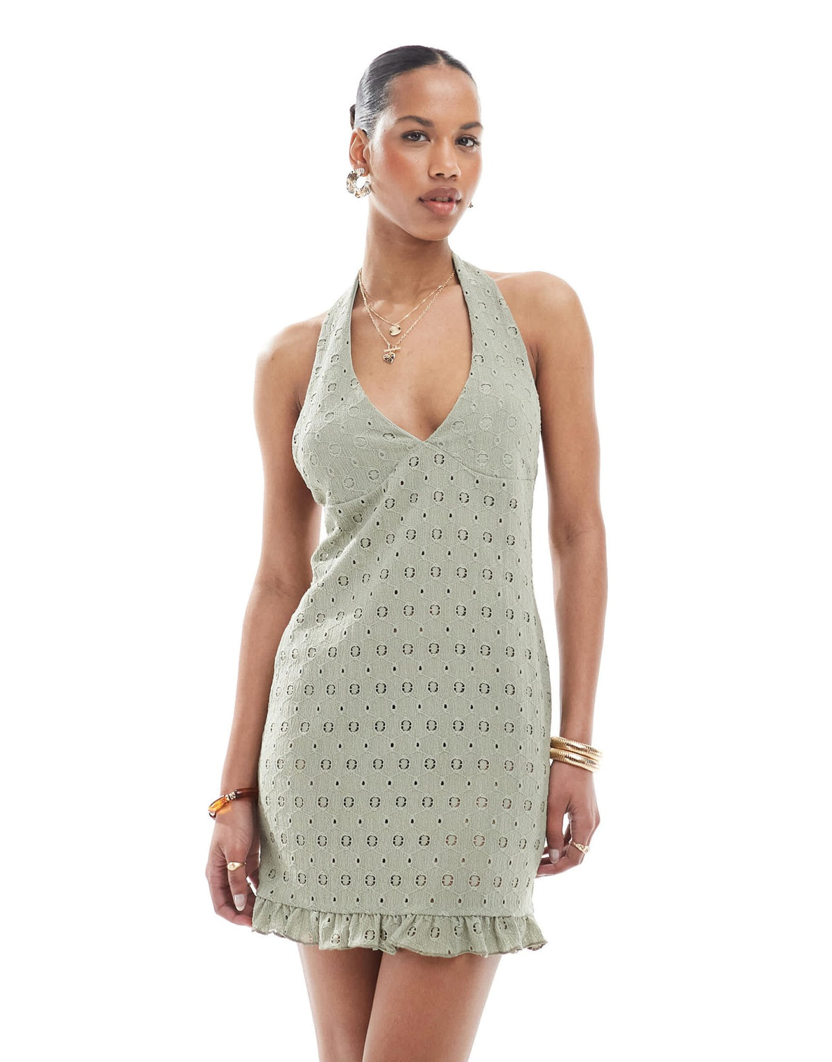 Miss Selfridge crochet halter neck backless summer mini dress in khaki - ASOS Sample Sale