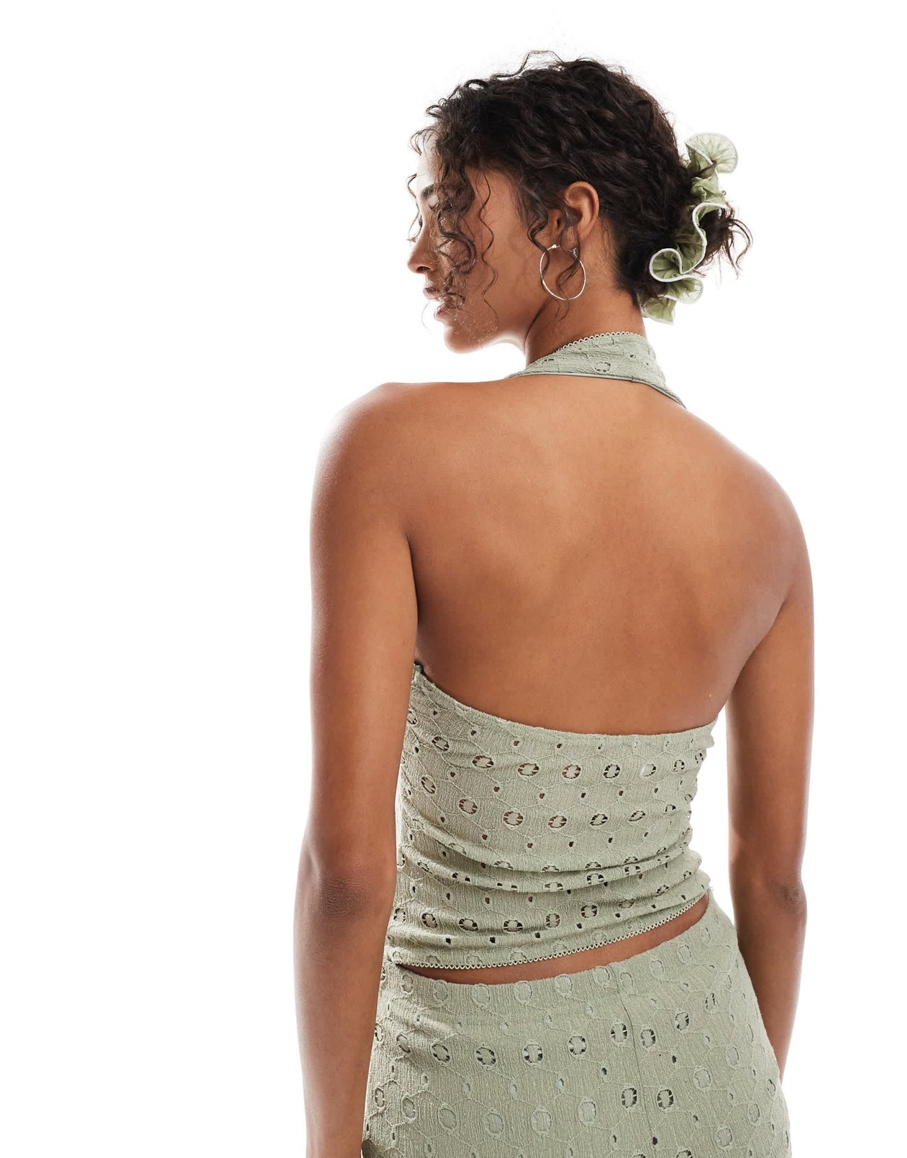 Miss Selfridge crochet jersey v neck top co ord in khaki - ASOS Sample Sale