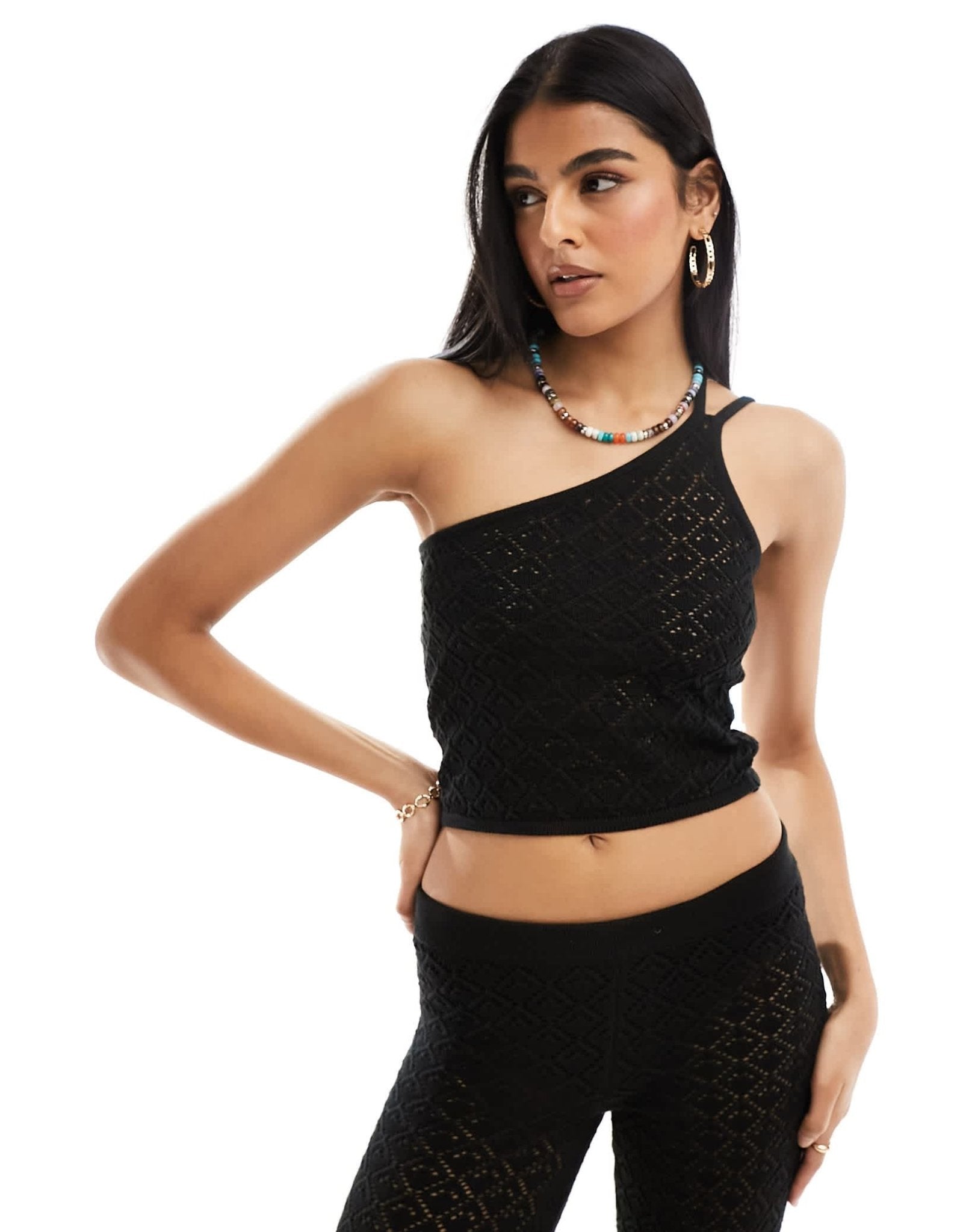 Miss Selfridge crochet one shoulder cami top co - ord in black - ASOS Sample Sale