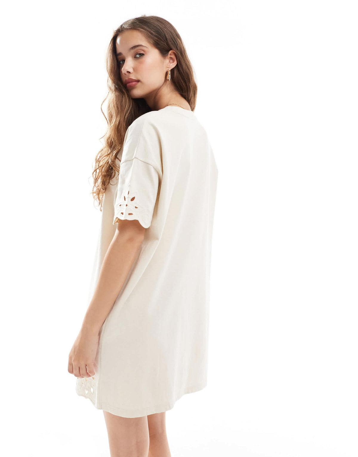 Miss Selfridge cutwork hem t-shirt dress in ecru - ASOS Sample Sale