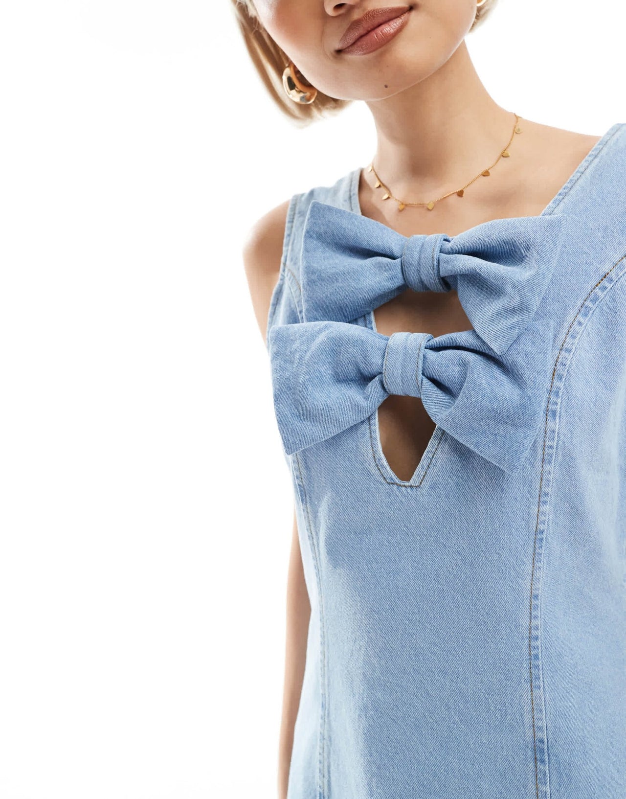 Miss Selfridge denim bow front dress in light blue wash - ASOS Sample Sale