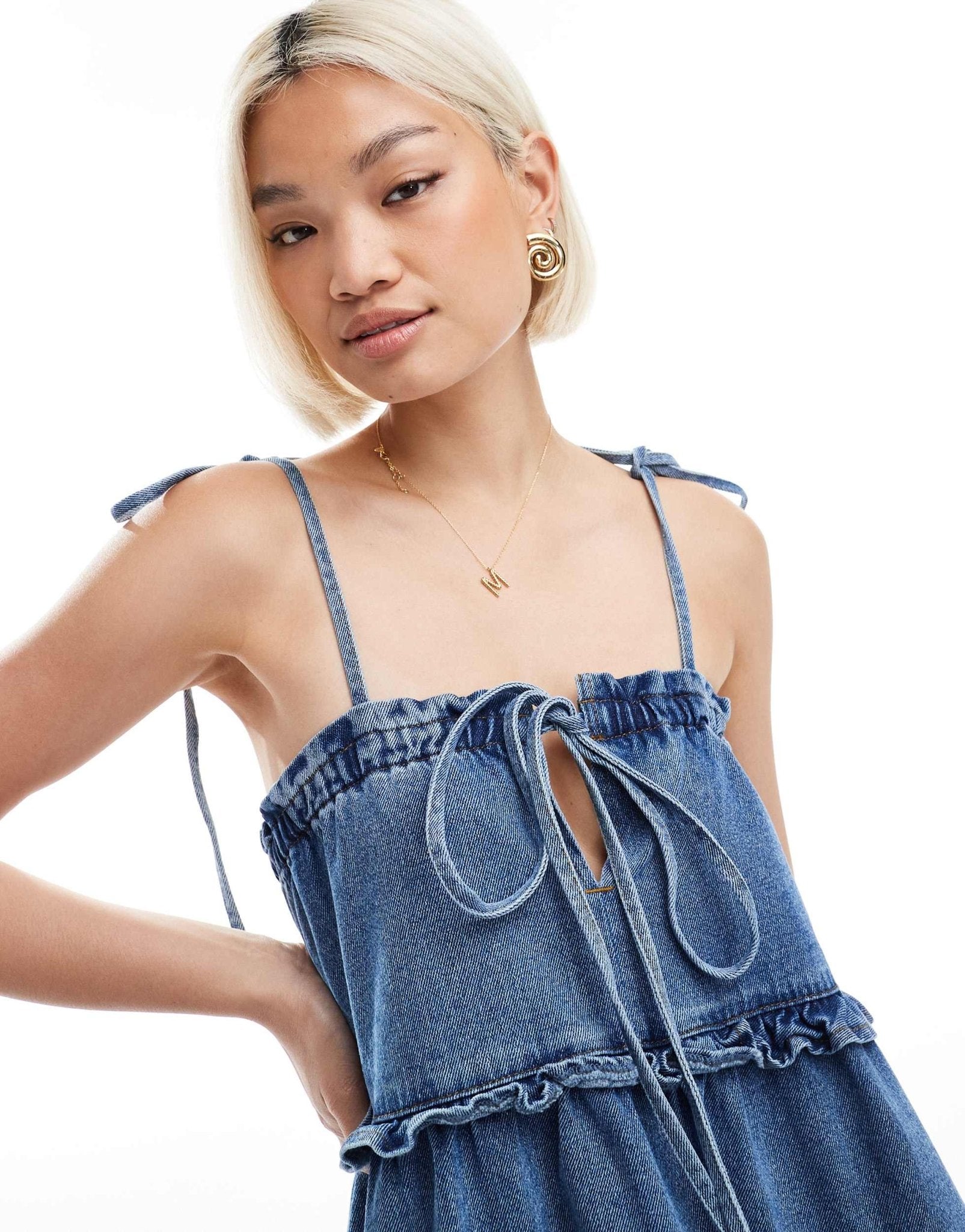 Miss Selfridge denim frill swing dress in mid wash - ASOS Sample Sale