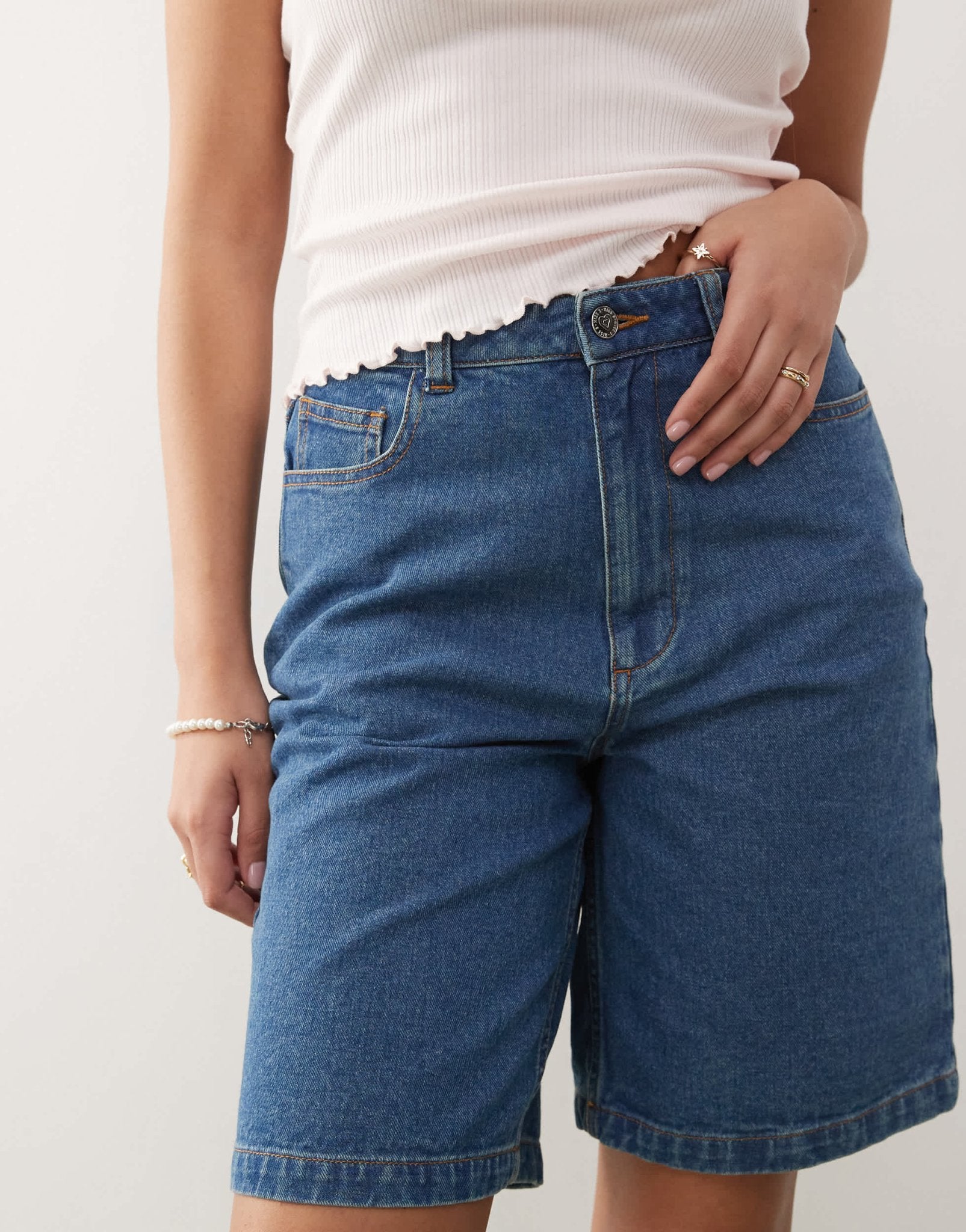 Miss Selfridge denim jort in mid wash - ASOS Sample Sale