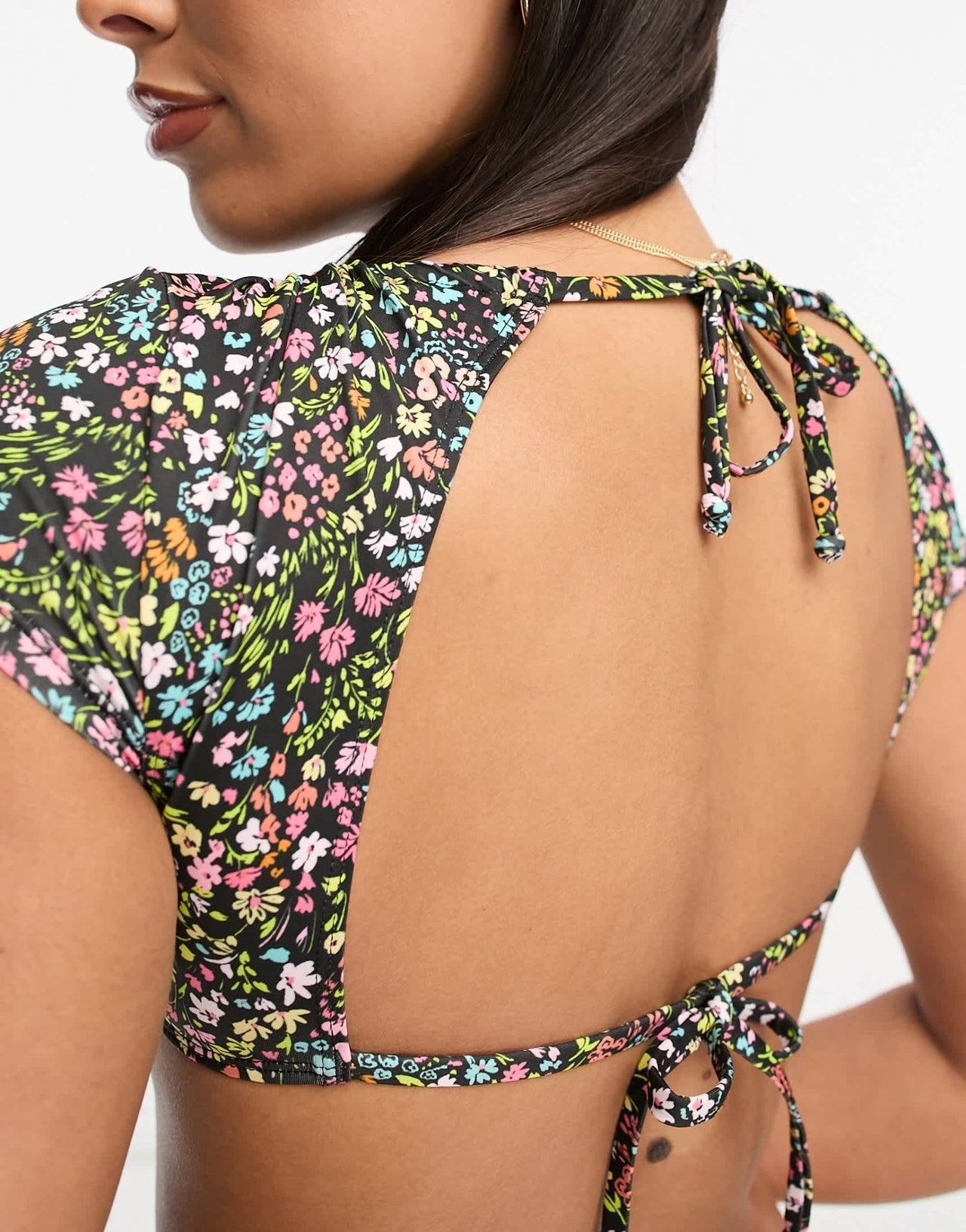 Miss Selfridge ditsy cup detail open back bikini top in multi - ASOS Sample Sale