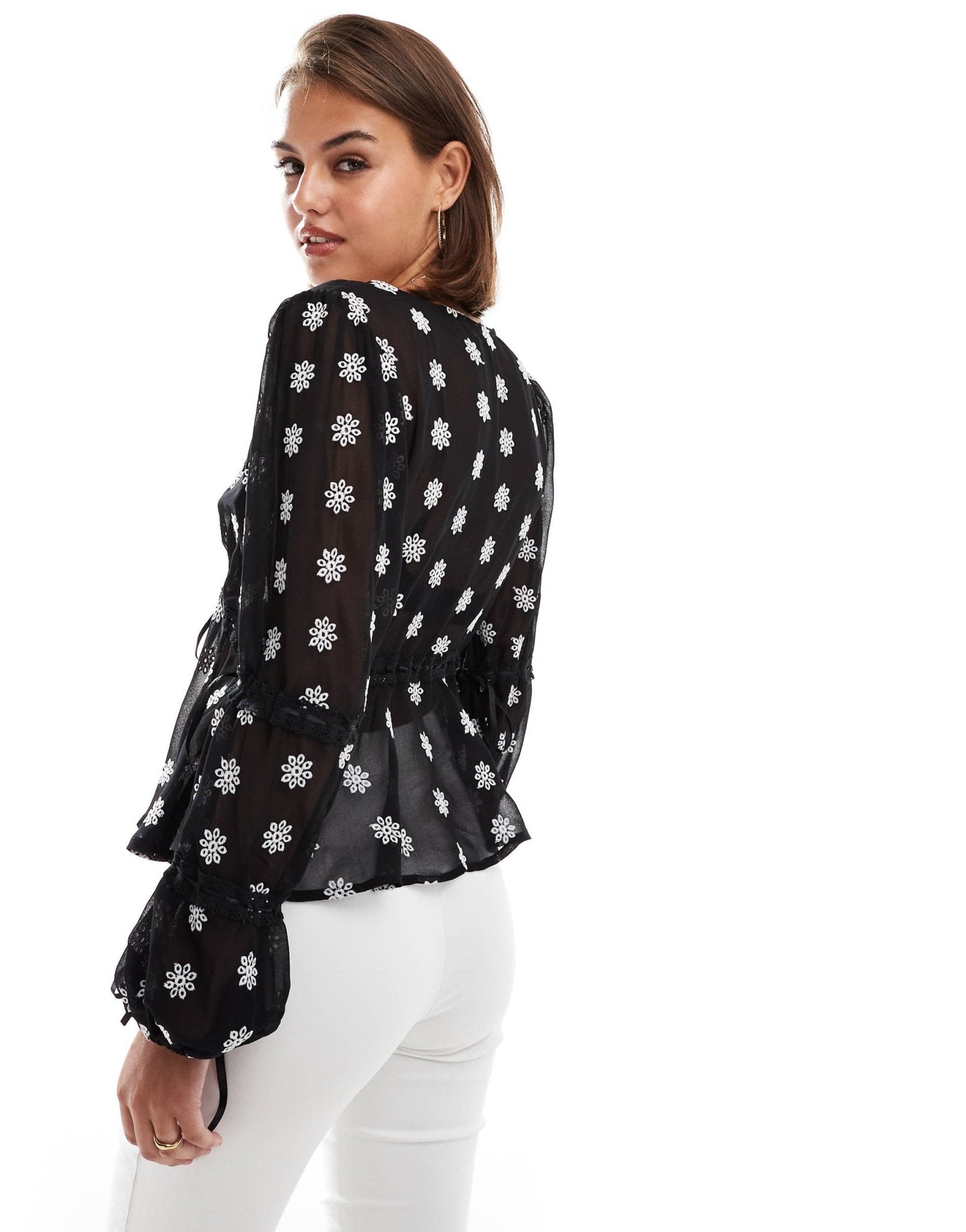Miss Selfridge embroidered daisy tie front blouse in black - ASOS Sample Sale