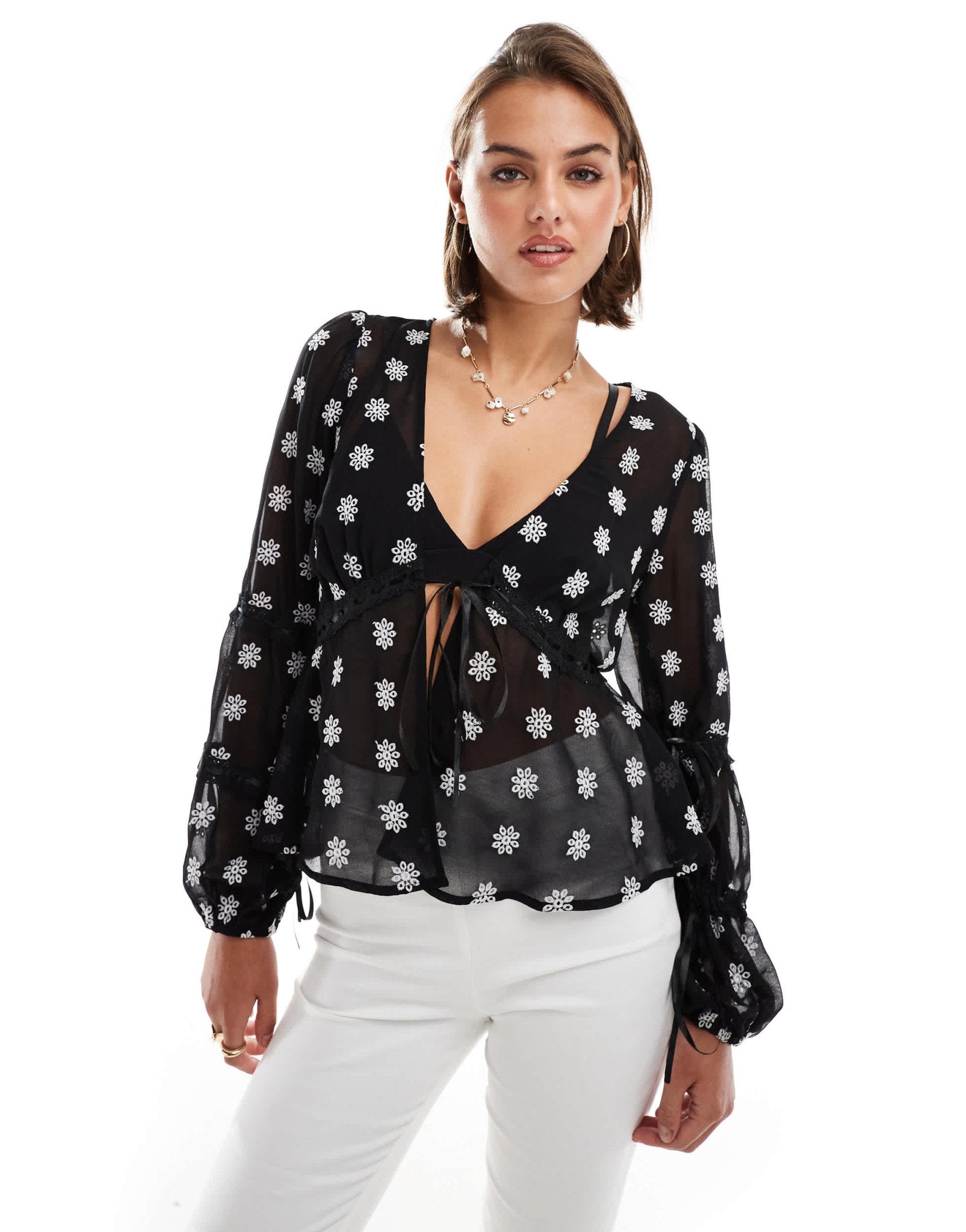 Miss Selfridge embroidered daisy tie front blouse in black - ASOS Sample Sale