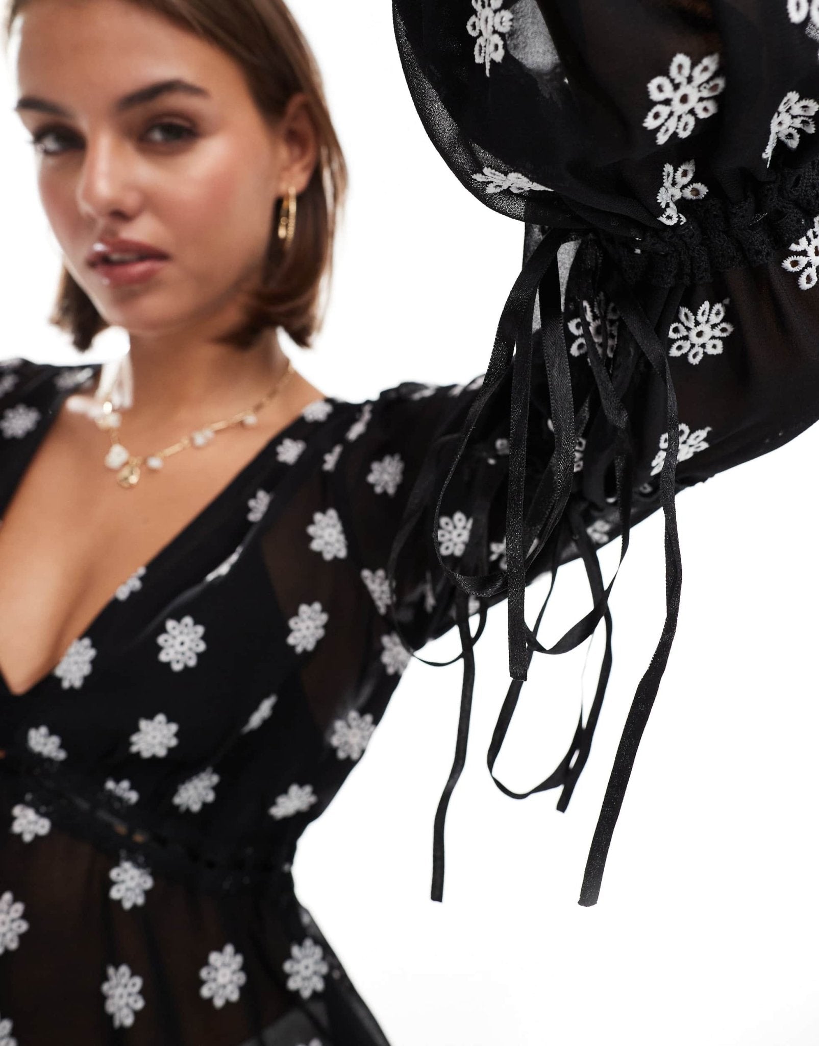 Miss Selfridge embroidered daisy tie front blouse in black - ASOS Sample Sale