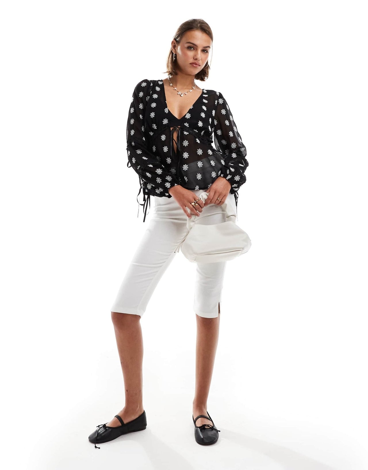 Miss Selfridge embroidered daisy tie front blouse in black - ASOS Sample Sale