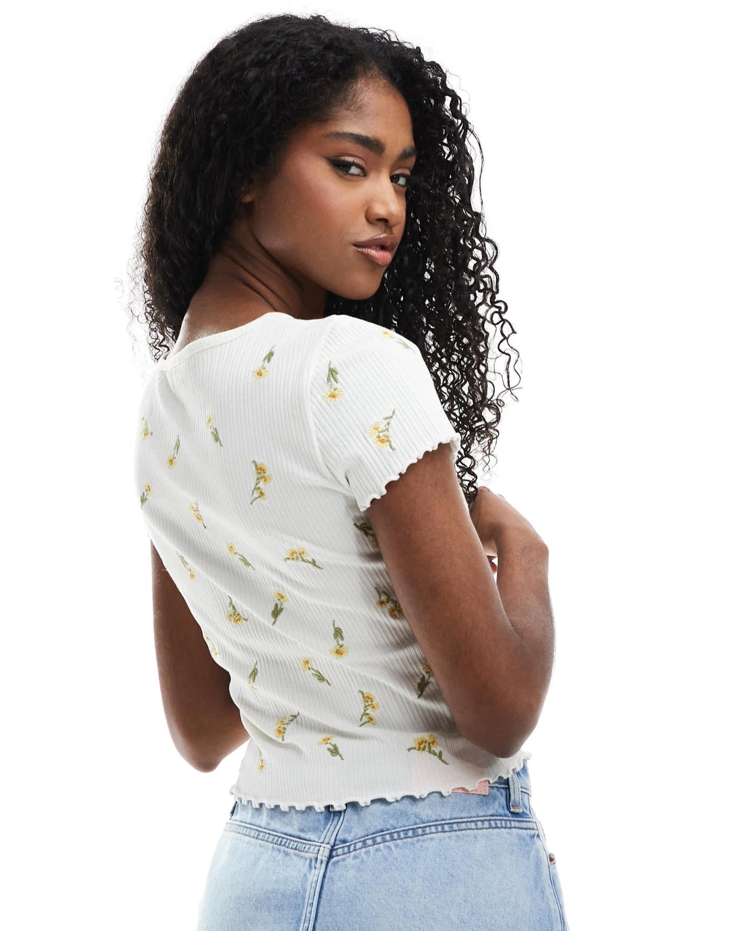 Miss Selfridge embroidered short sleeve ribbed lettuce edge t-shirt - ASOS Sample Sale